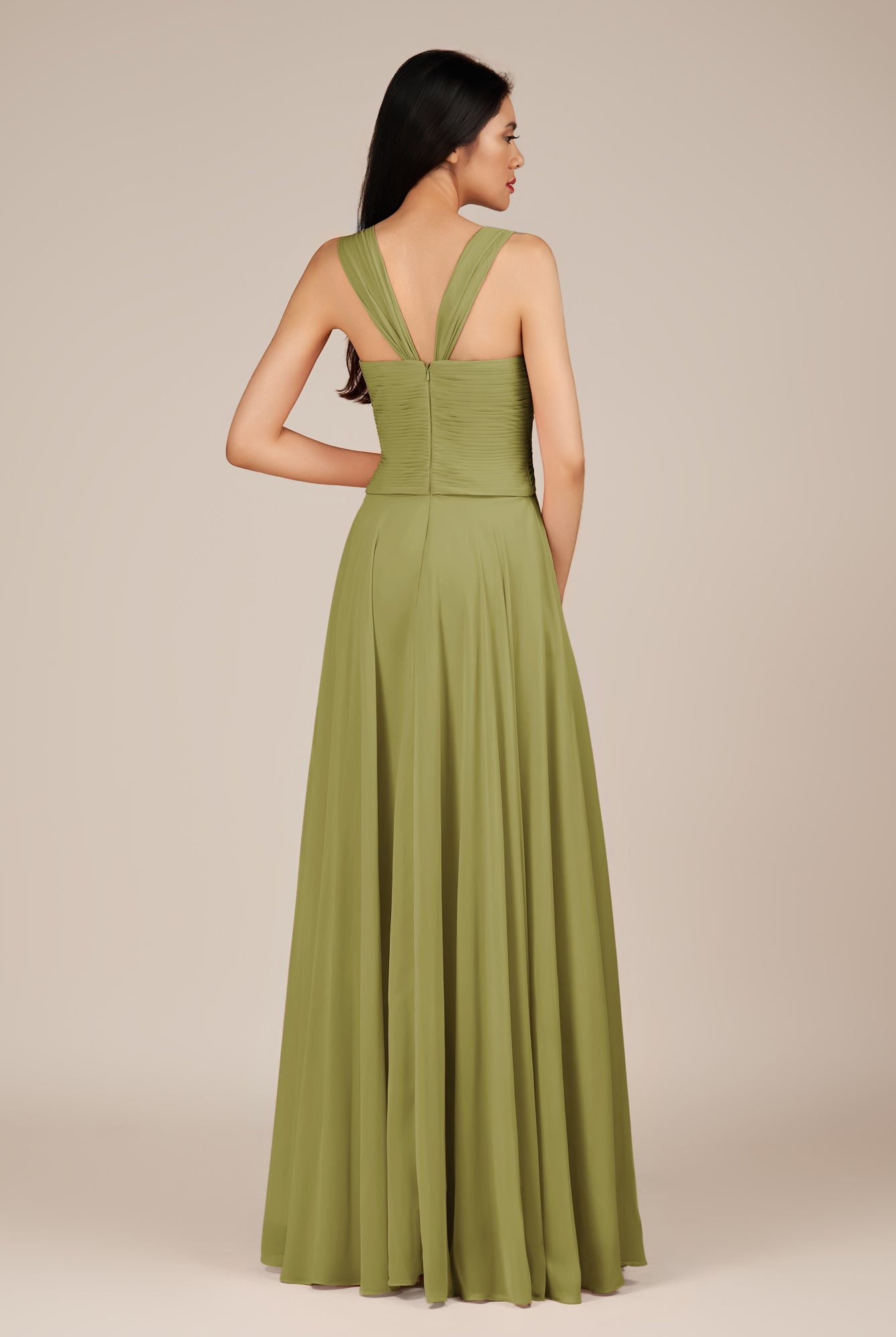 KissDress-Cerelia Moss Green A Line V Neck Chiffon Long Bridesmaid Dress with Pleats