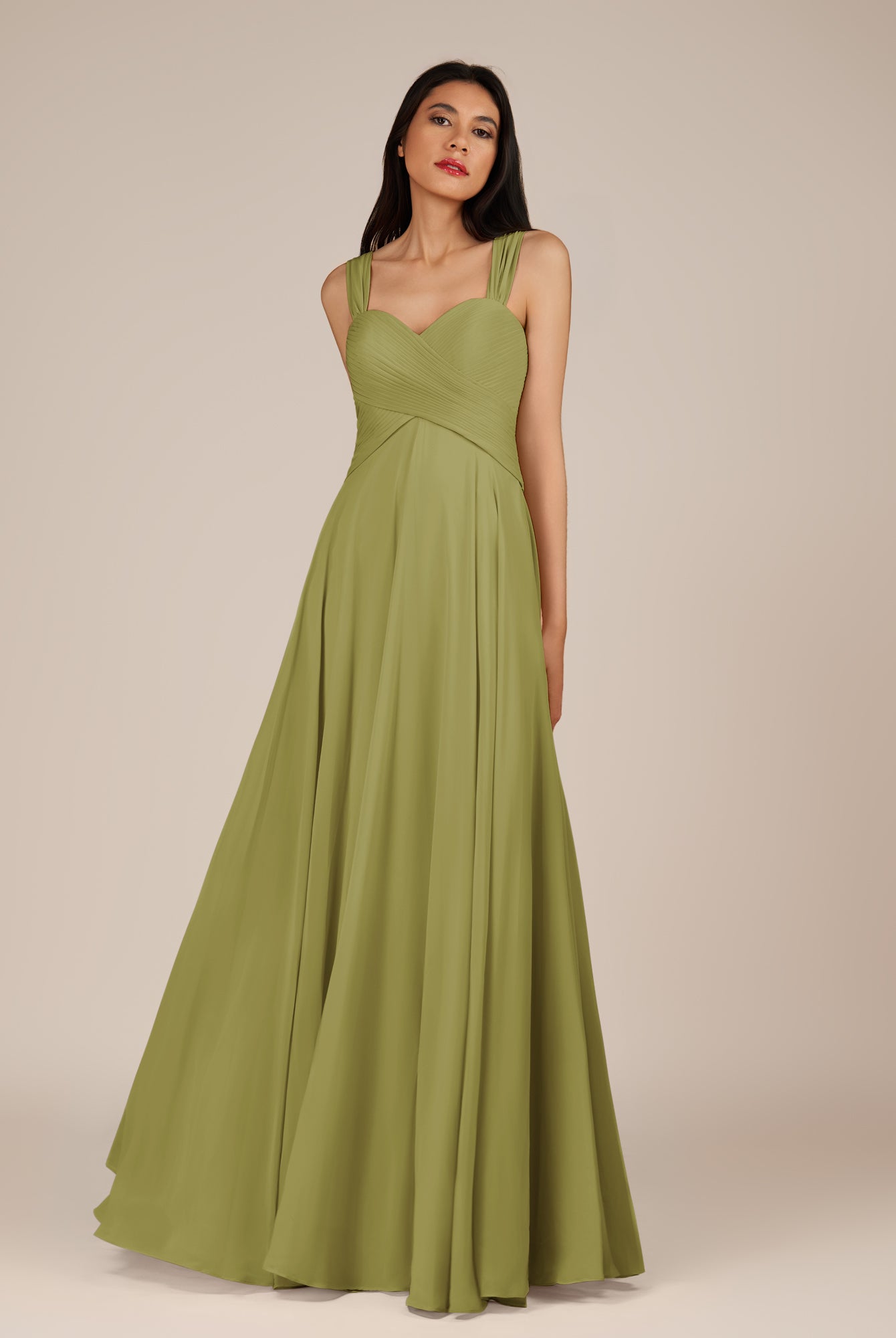 KissDress-Cerelia Moss Green A Line V Neck Chiffon Long Bridesmaid Dress with Pleats