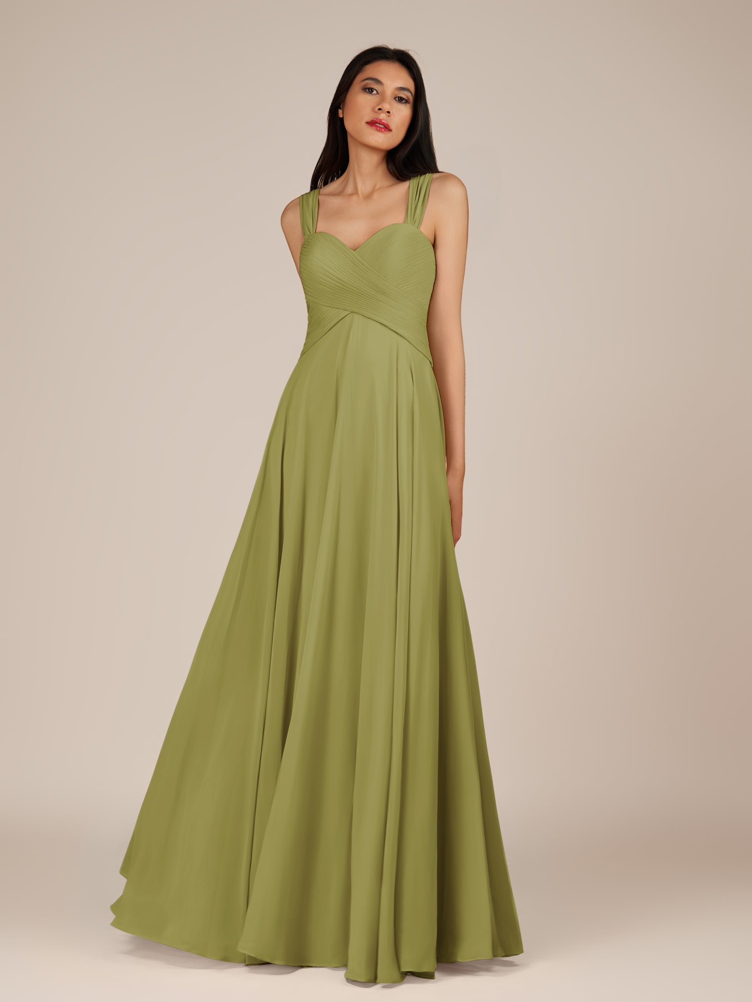 KissDress-Cerelia Moss Green A Line V Neck Chiffon Long Bridesmaid Dress with Pleats