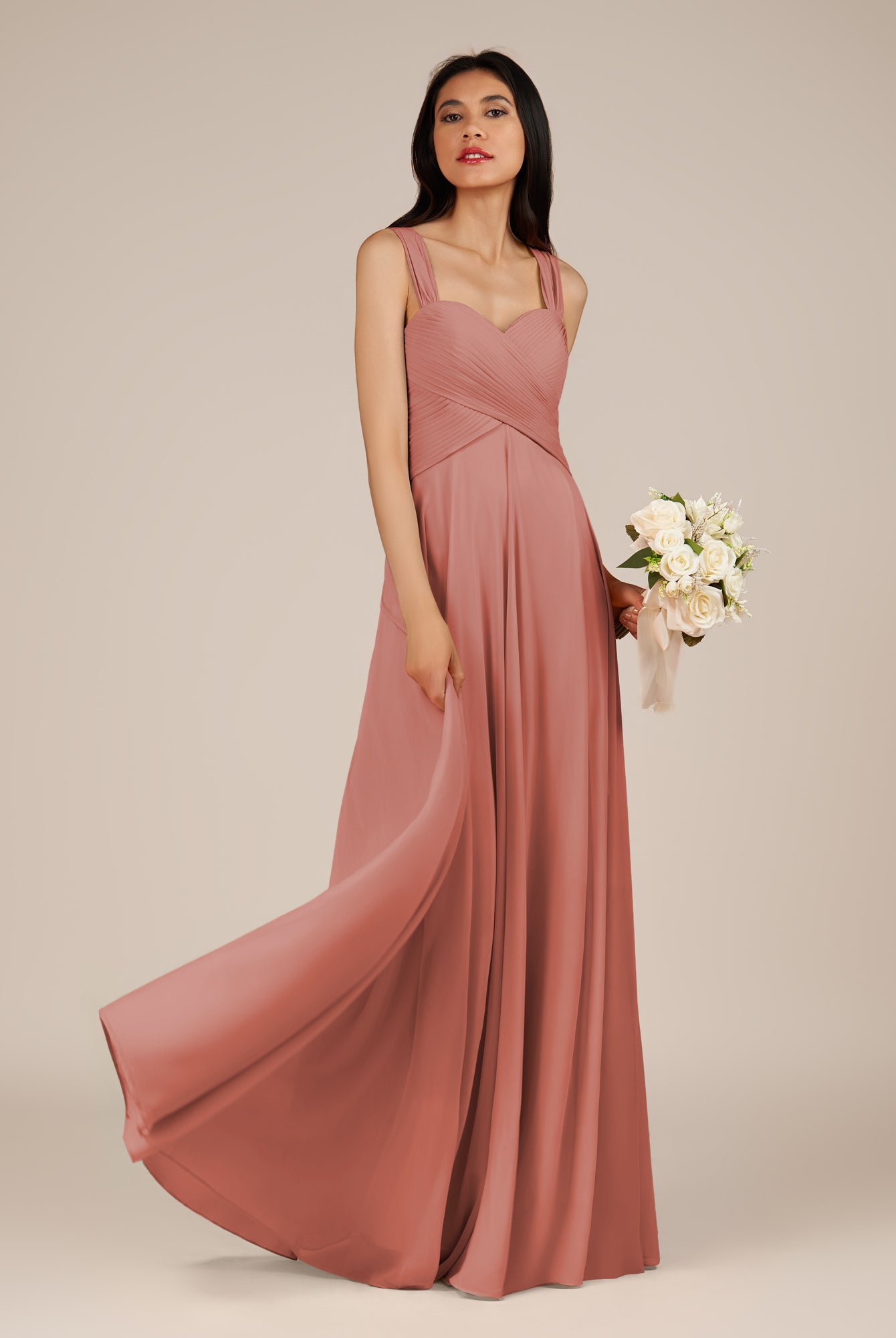 KissDress-Cerelia Mulberry A Line V Neck Chiffon Long Bridesmaid Dress with Pleats
