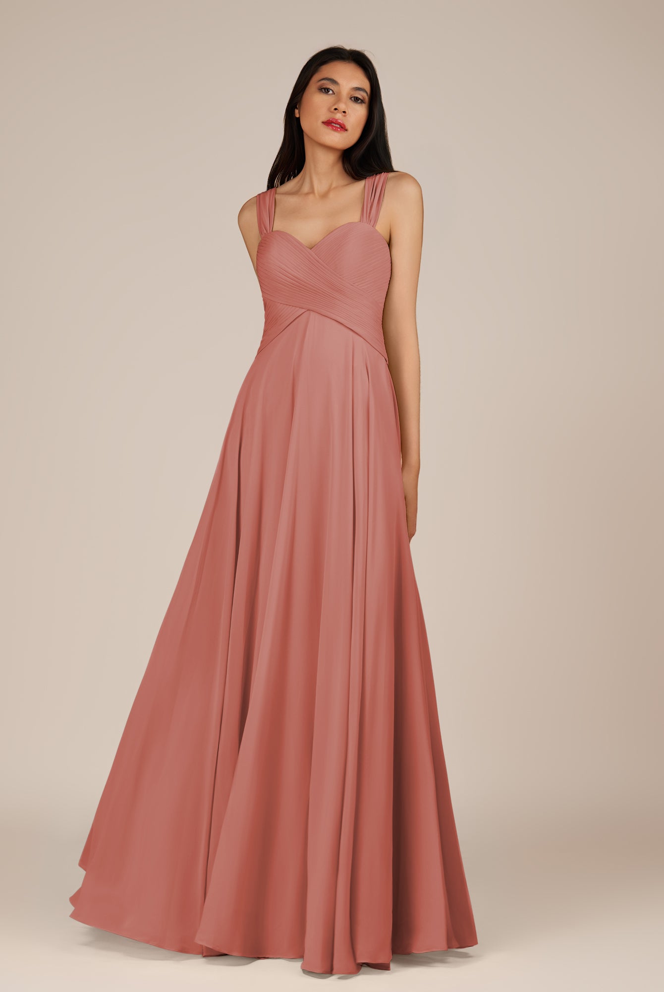 KissDress-Cerelia Mulberry A Line V Neck Chiffon Long Bridesmaid Dress with Pleats