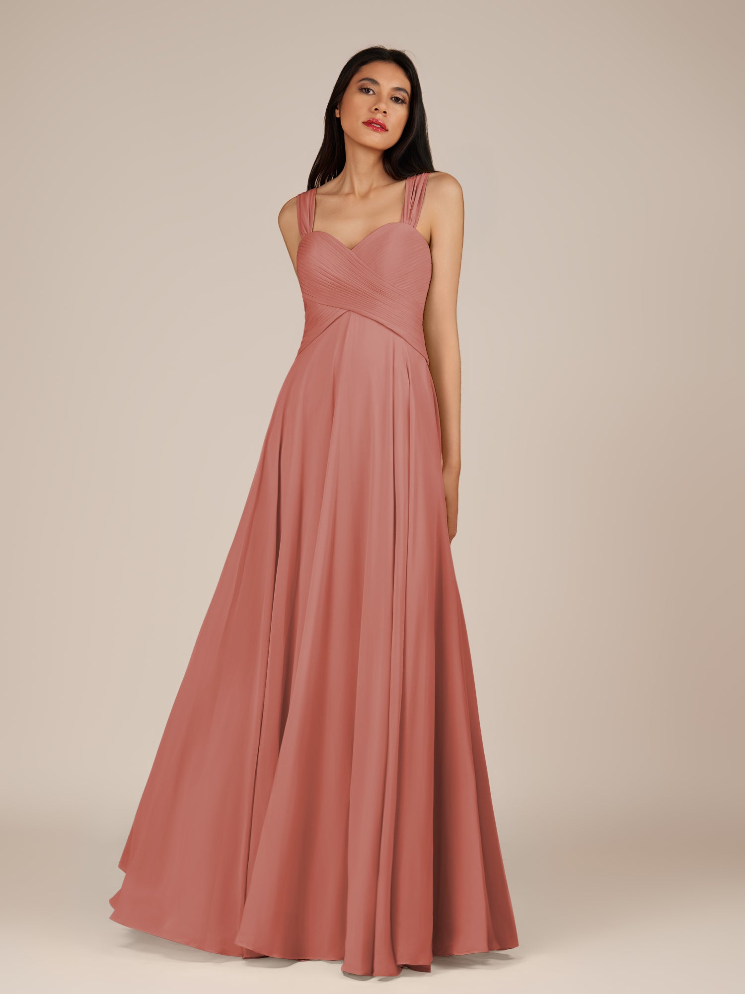 KissDress-Cerelia Mulberry A Line V Neck Chiffon Long Bridesmaid Dress with Pleats