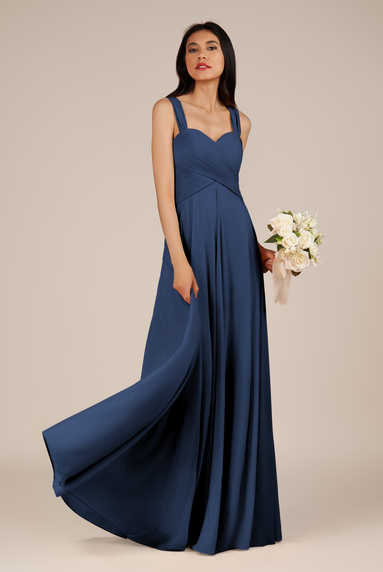 KissDress-Cerelia Navy A Line V Neck Chiffon Long Bridesmaid Dress with Pleats