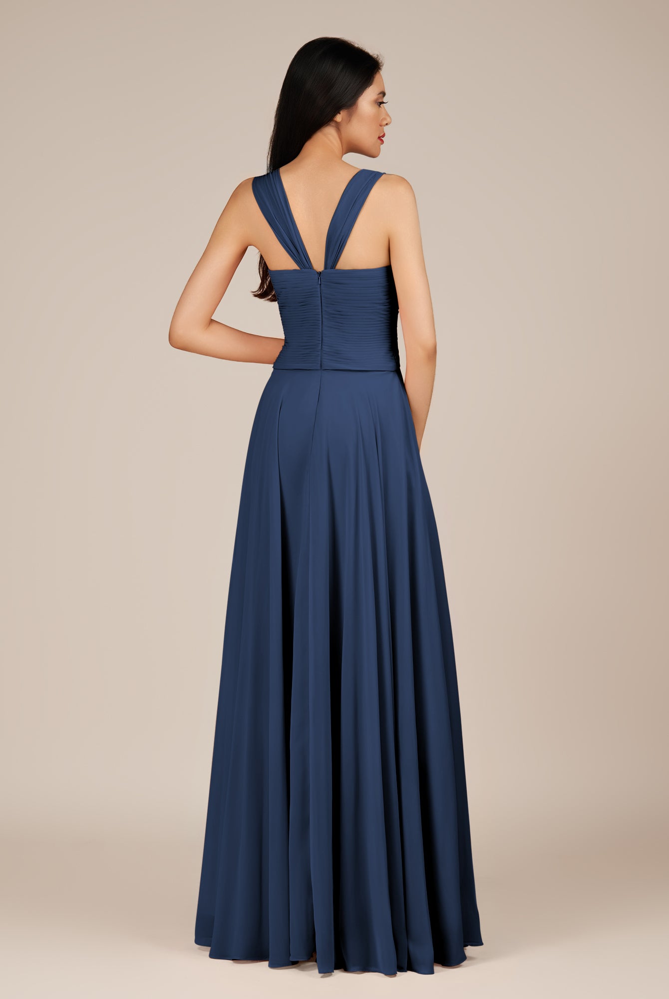 KissDress-Cerelia Navy A Line V Neck Chiffon Long Bridesmaid Dress with Pleats
