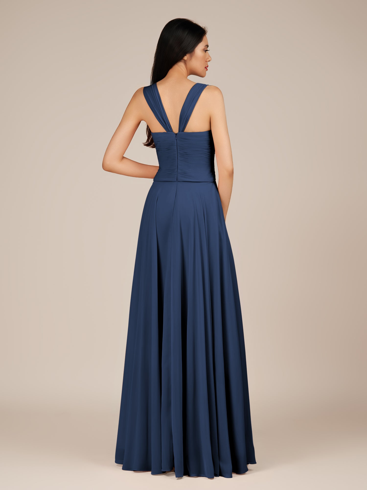 KissDress-Cerelia Navy A Line V Neck Chiffon Long Bridesmaid Dress with Pleats