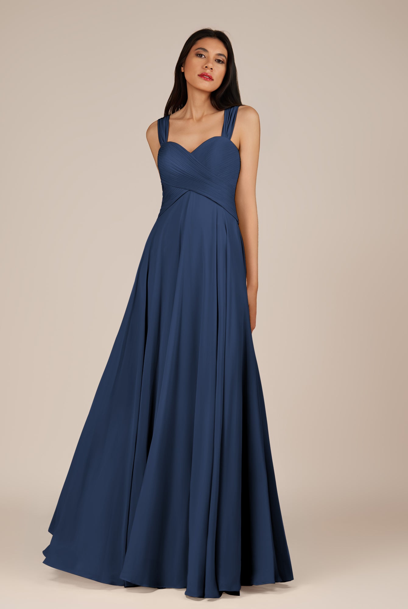 KissDress-Cerelia Navy A Line V Neck Chiffon Long Bridesmaid Dress with Pleats