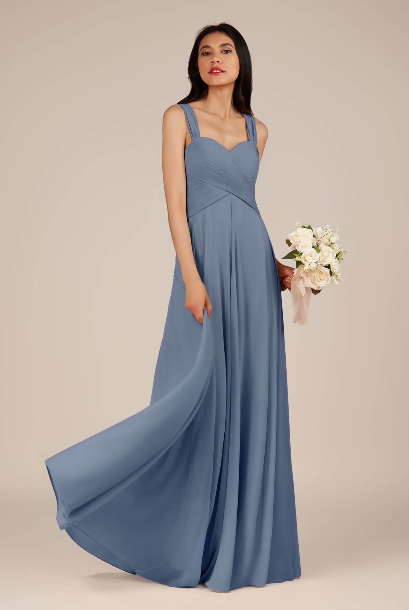 KissDress-Cerelia Neptune A Line V Neck Chiffon Long Bridesmaid Dress with Pleats