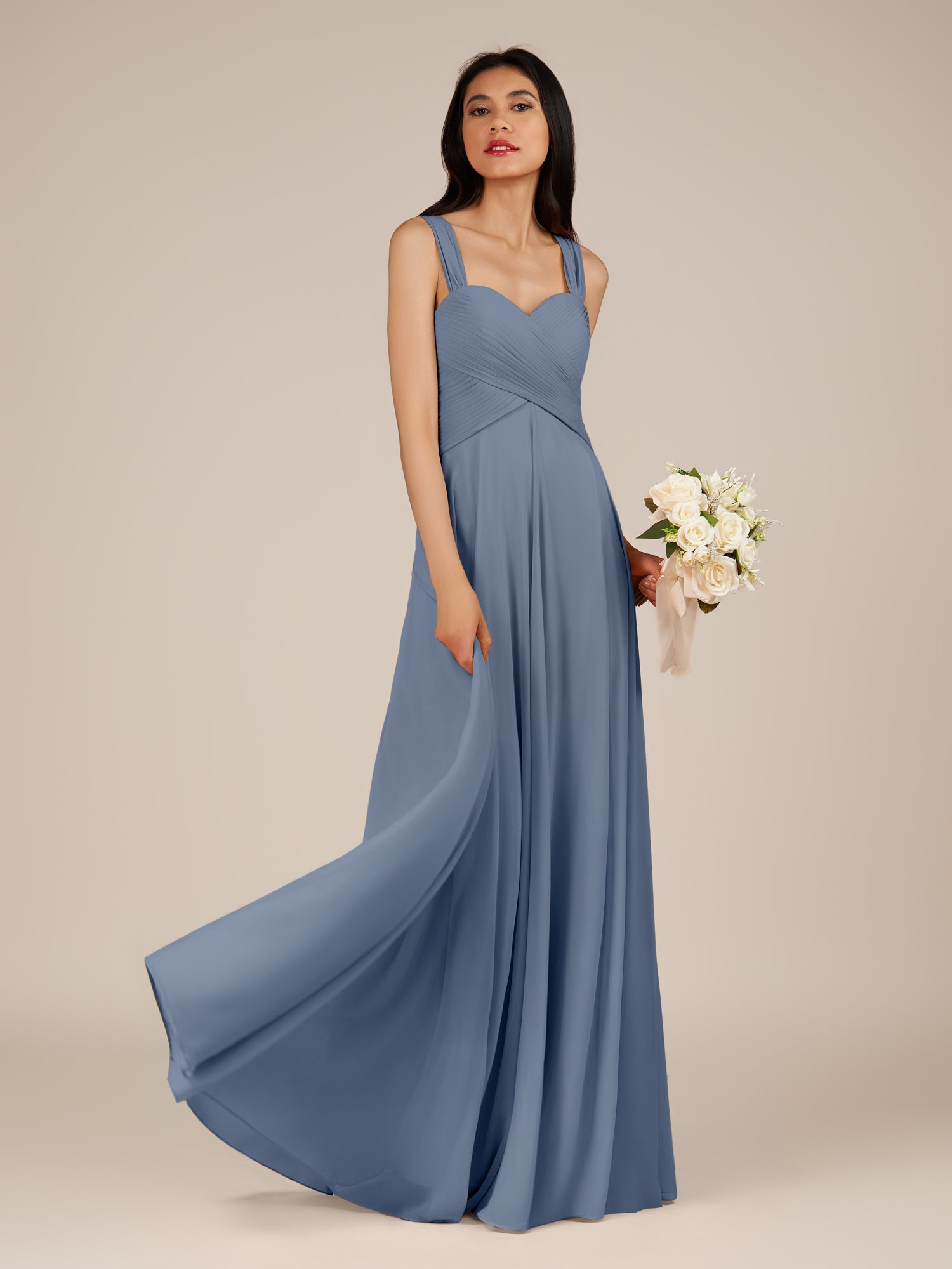 KissDress-Cerelia Neptune A Line V Neck Chiffon Long Bridesmaid Dress with Pleats