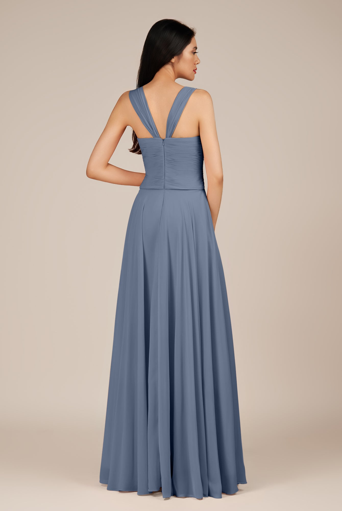KissDress-Cerelia Neptune A Line V Neck Chiffon Long Bridesmaid Dress with Pleats