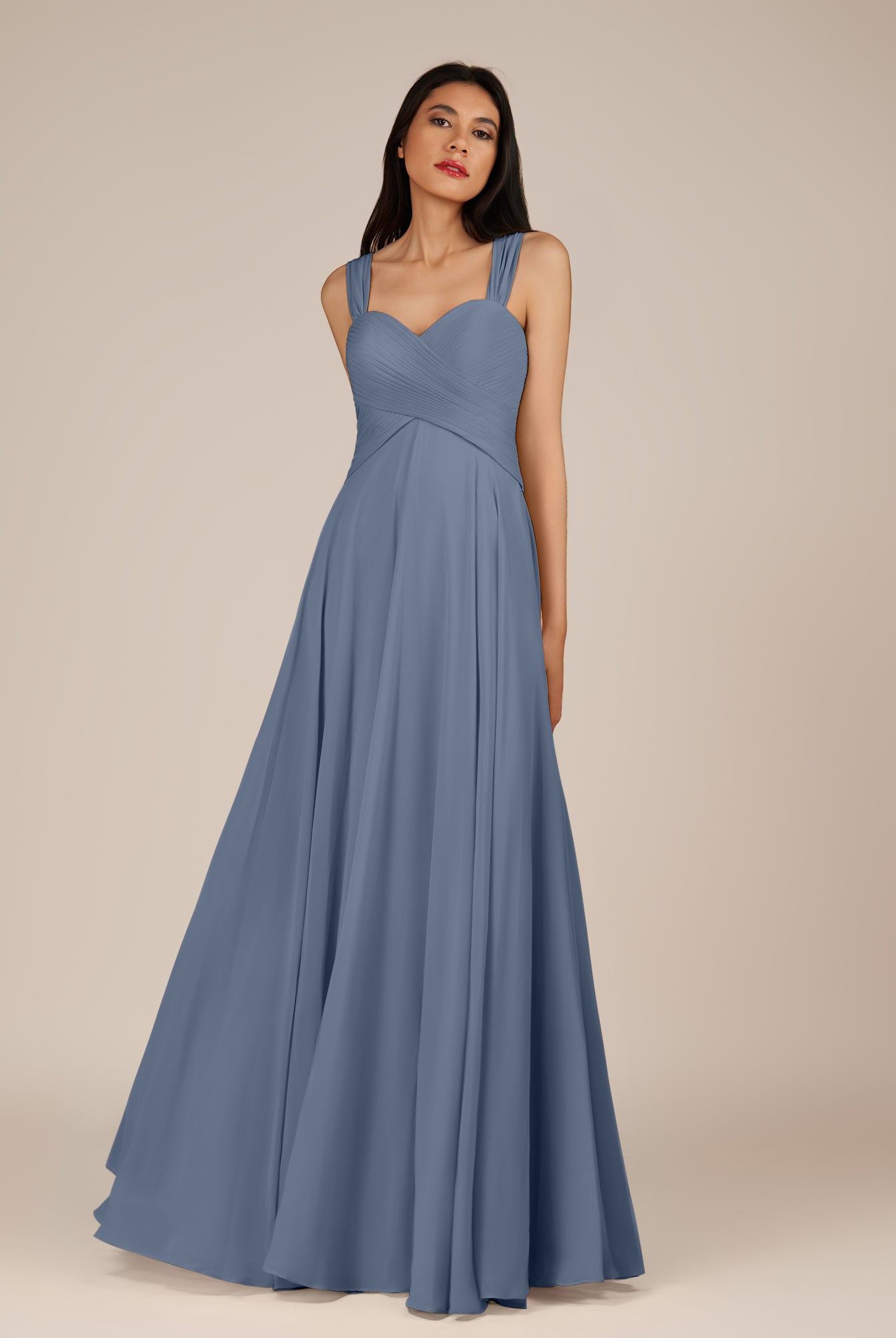KissDress-Cerelia Neptune A Line V Neck Chiffon Long Bridesmaid Dress with Pleats