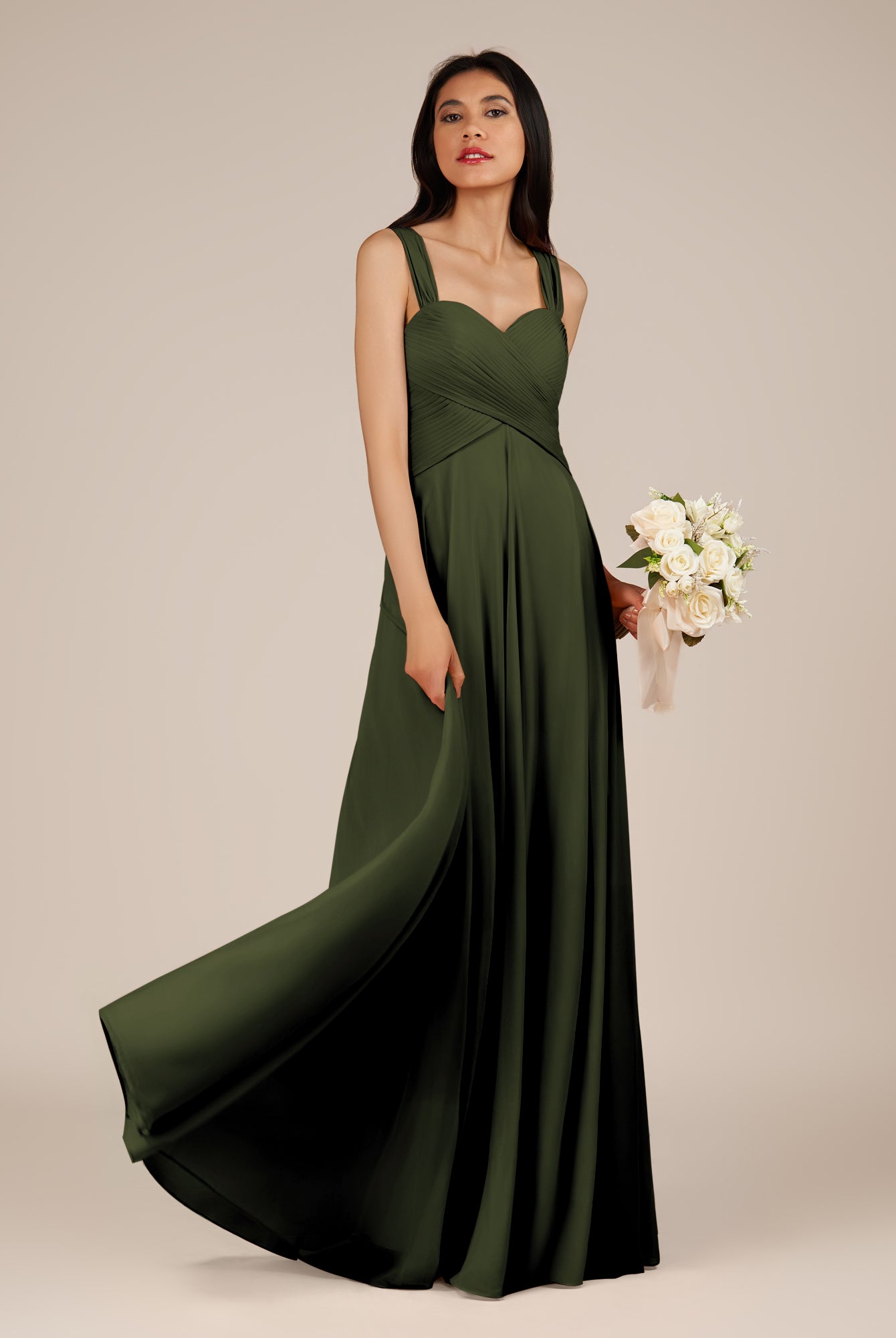 KissDress-Cerelia Olive A Line V Neck Chiffon Long Bridesmaid Dress with Pleats