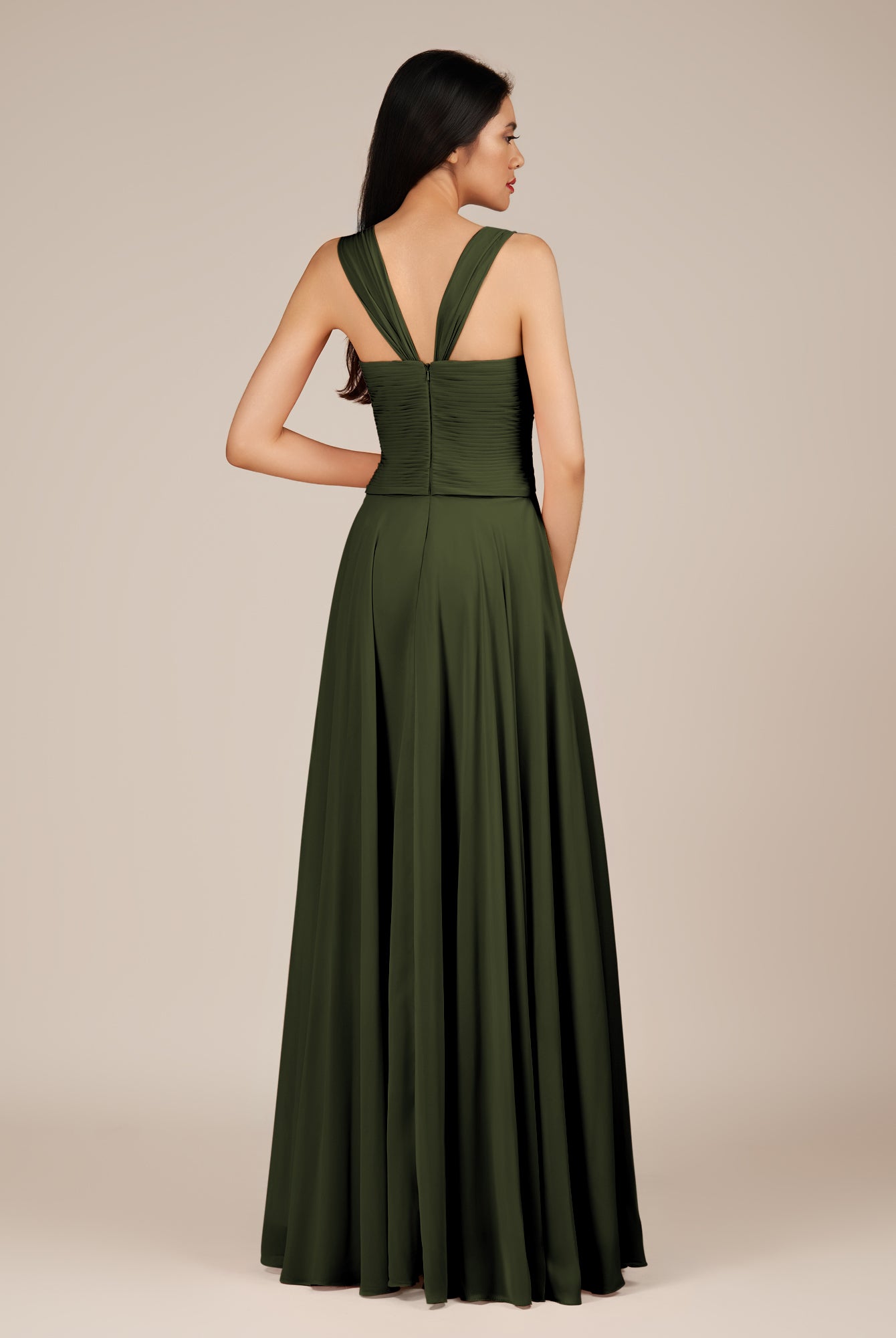 KissDress-Cerelia Olive A Line V Neck Chiffon Long Bridesmaid Dress with Pleats