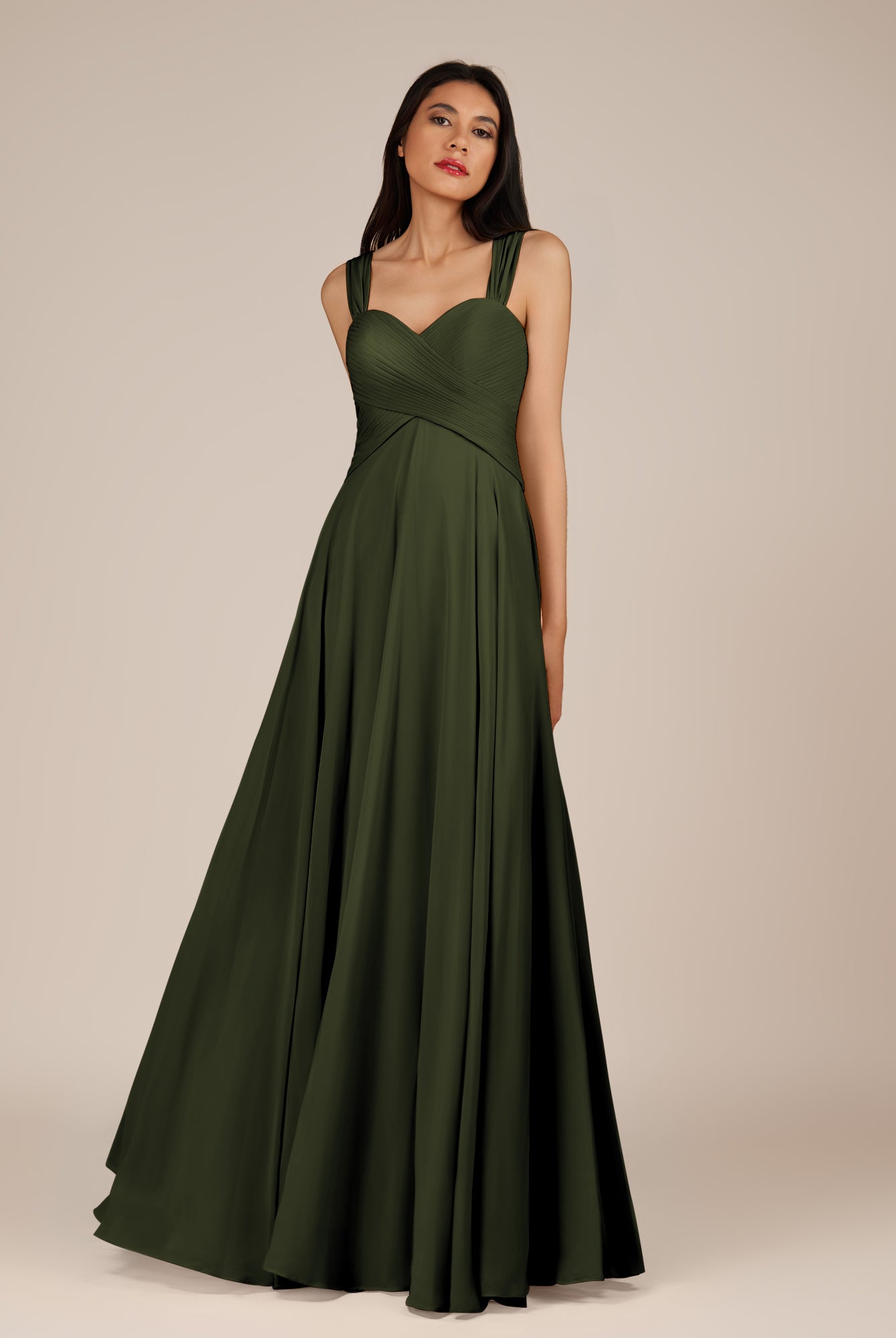 KissDress-Cerelia Olive A Line V Neck Chiffon Long Bridesmaid Dress with Pleats