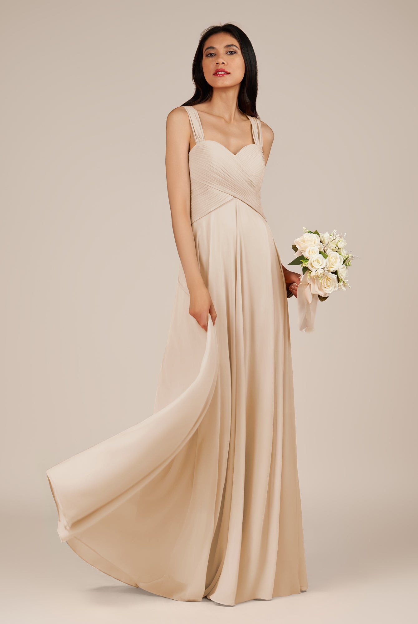 KissDress-Cerelia Pale Blush A Line V Neck Chiffon Long Bridesmaid Dress with Pleats