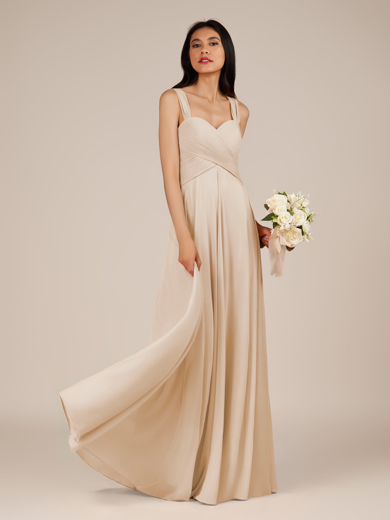 KissDress-Cerelia Pale Blush A Line V Neck Chiffon Long Bridesmaid Dress with Pleats
