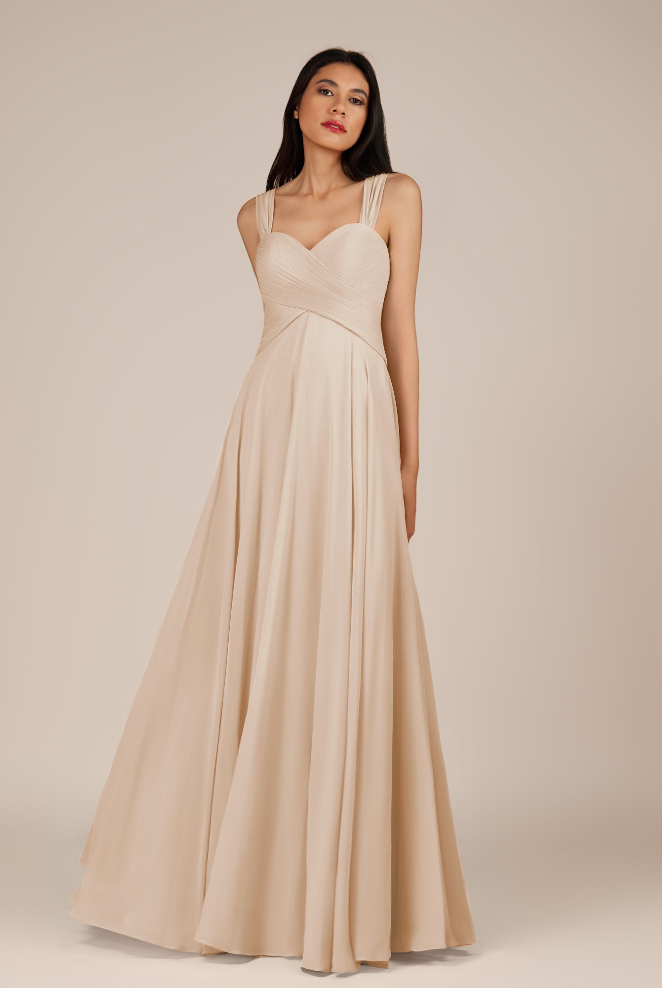 KissDress-Cerelia Pale Blush A Line V Neck Chiffon Long Bridesmaid Dress with Pleats