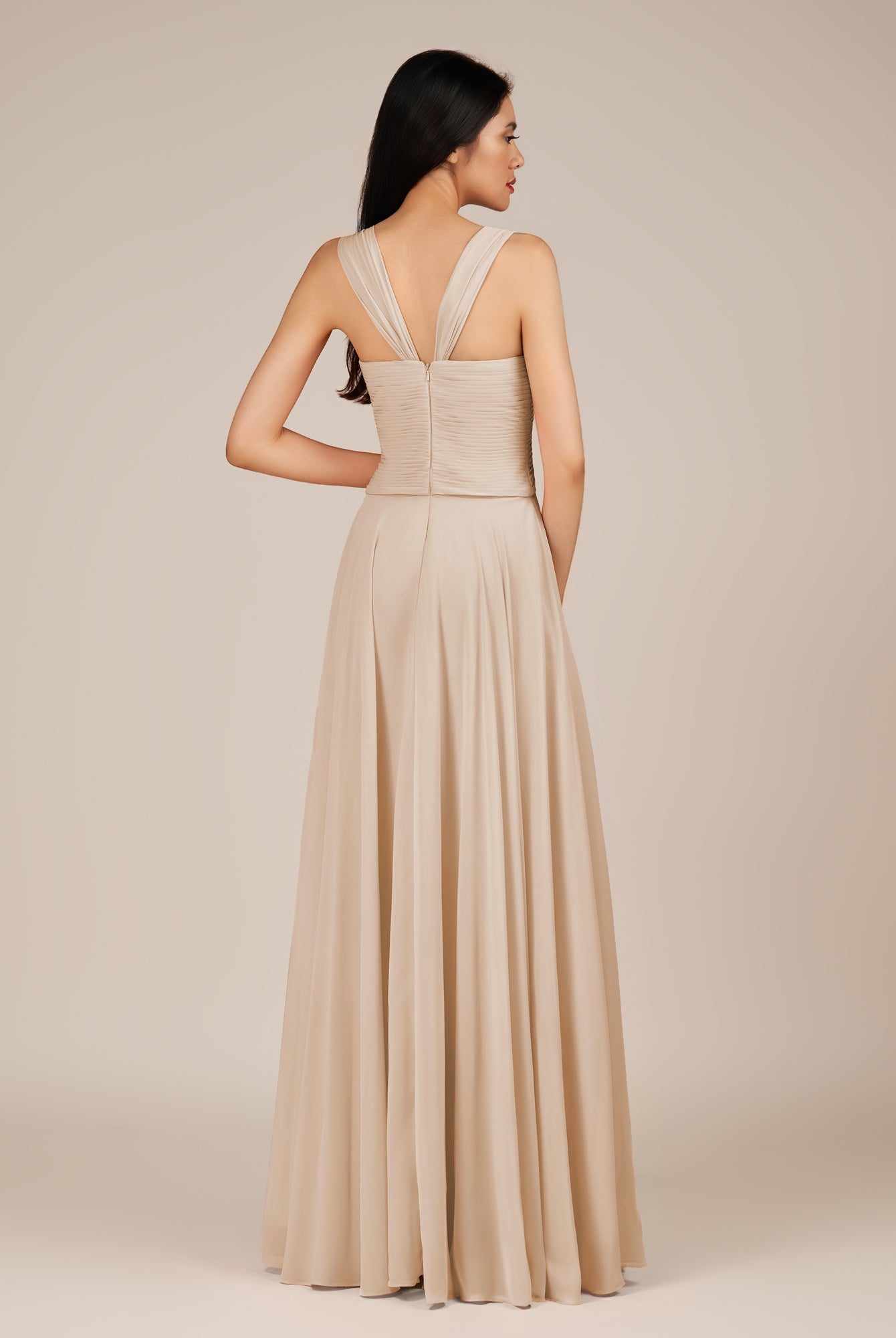 KissDress-Cerelia Pale Blush A Line V Neck Chiffon Long Bridesmaid Dress with Pleats