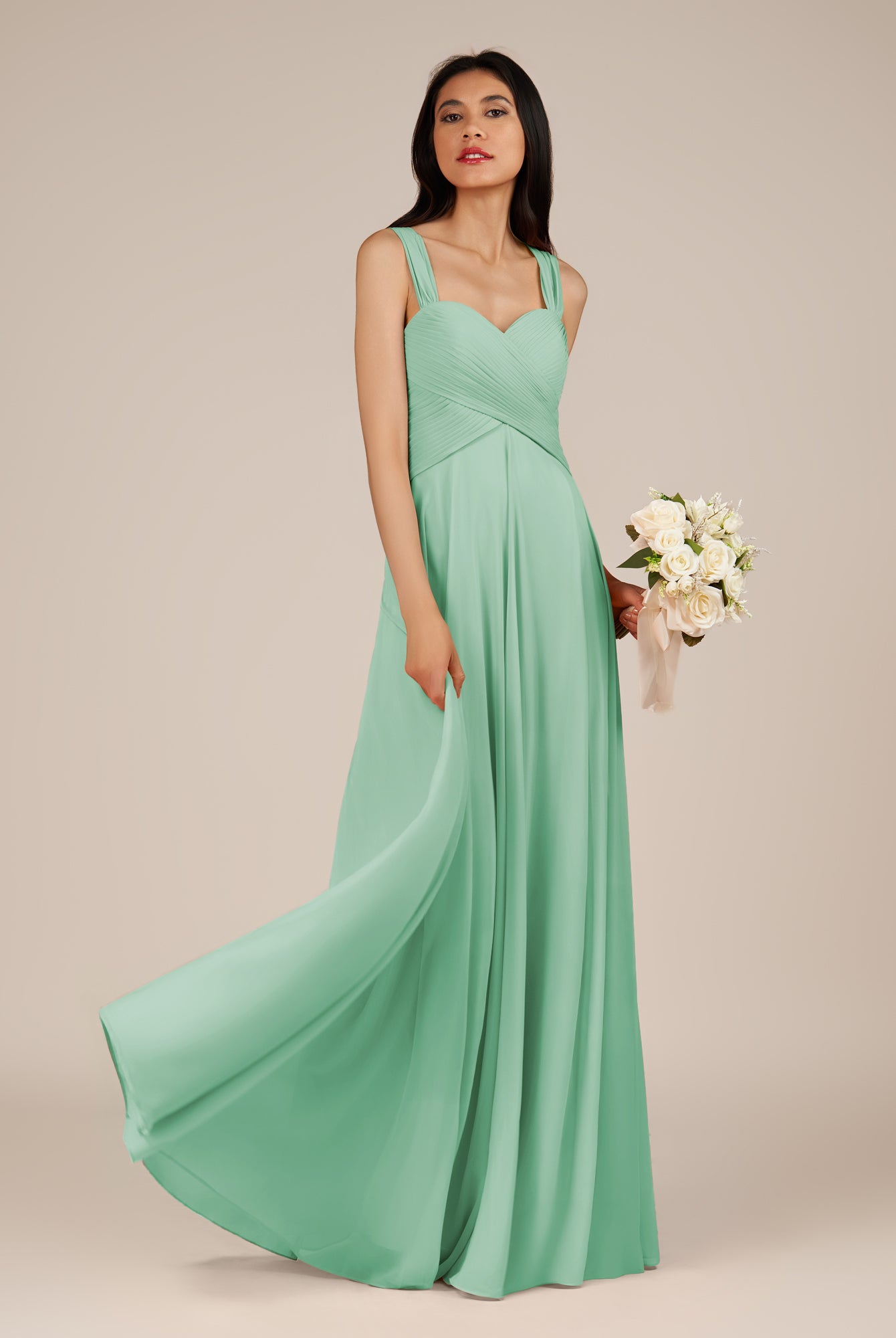 KissDress-Cerelia Pale Pistachio A Line V Neck Chiffon Long Bridesmaid Dress with Pleats
