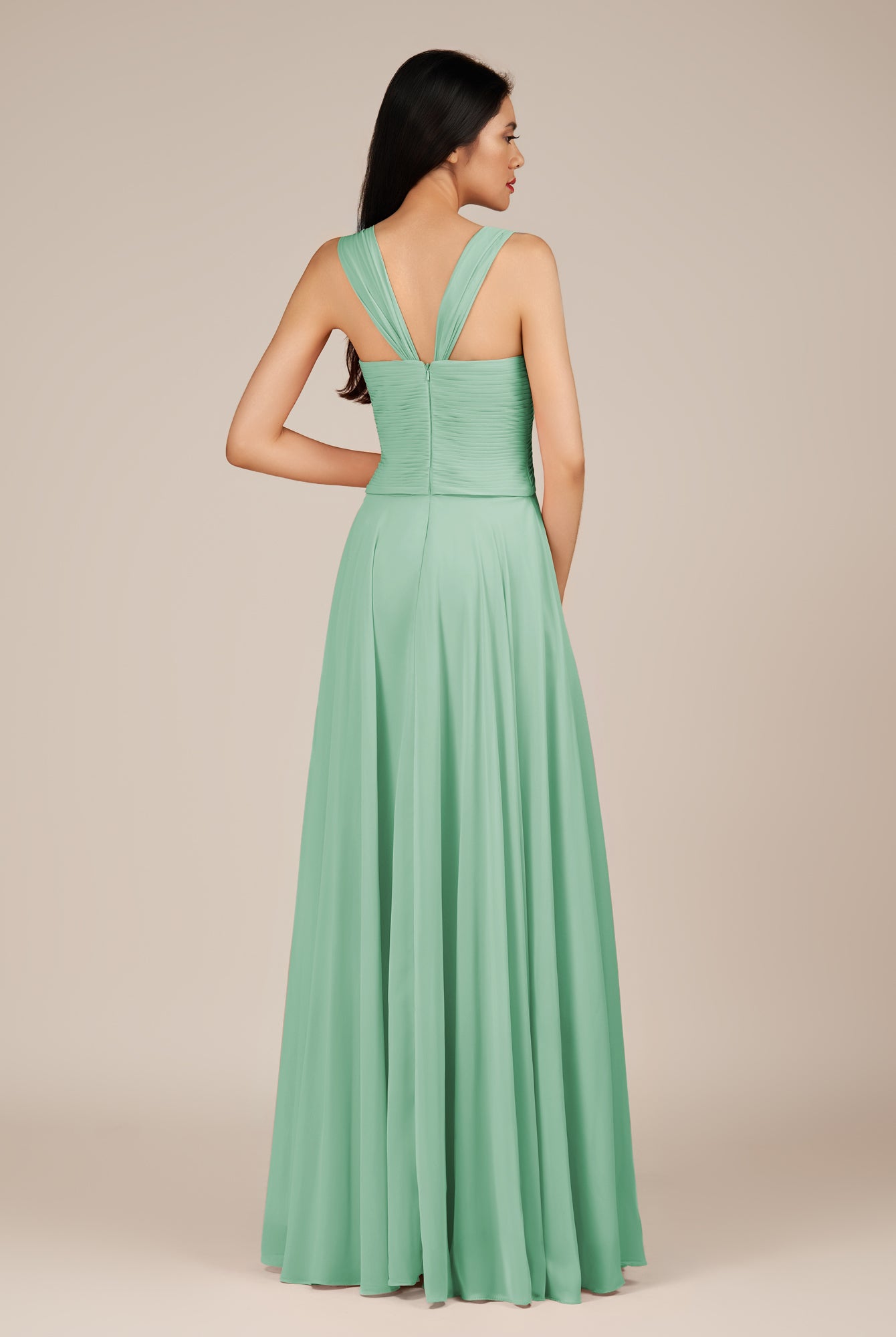 KissDress-Cerelia Pale Pistachio A Line V Neck Chiffon Long Bridesmaid Dress with Pleats