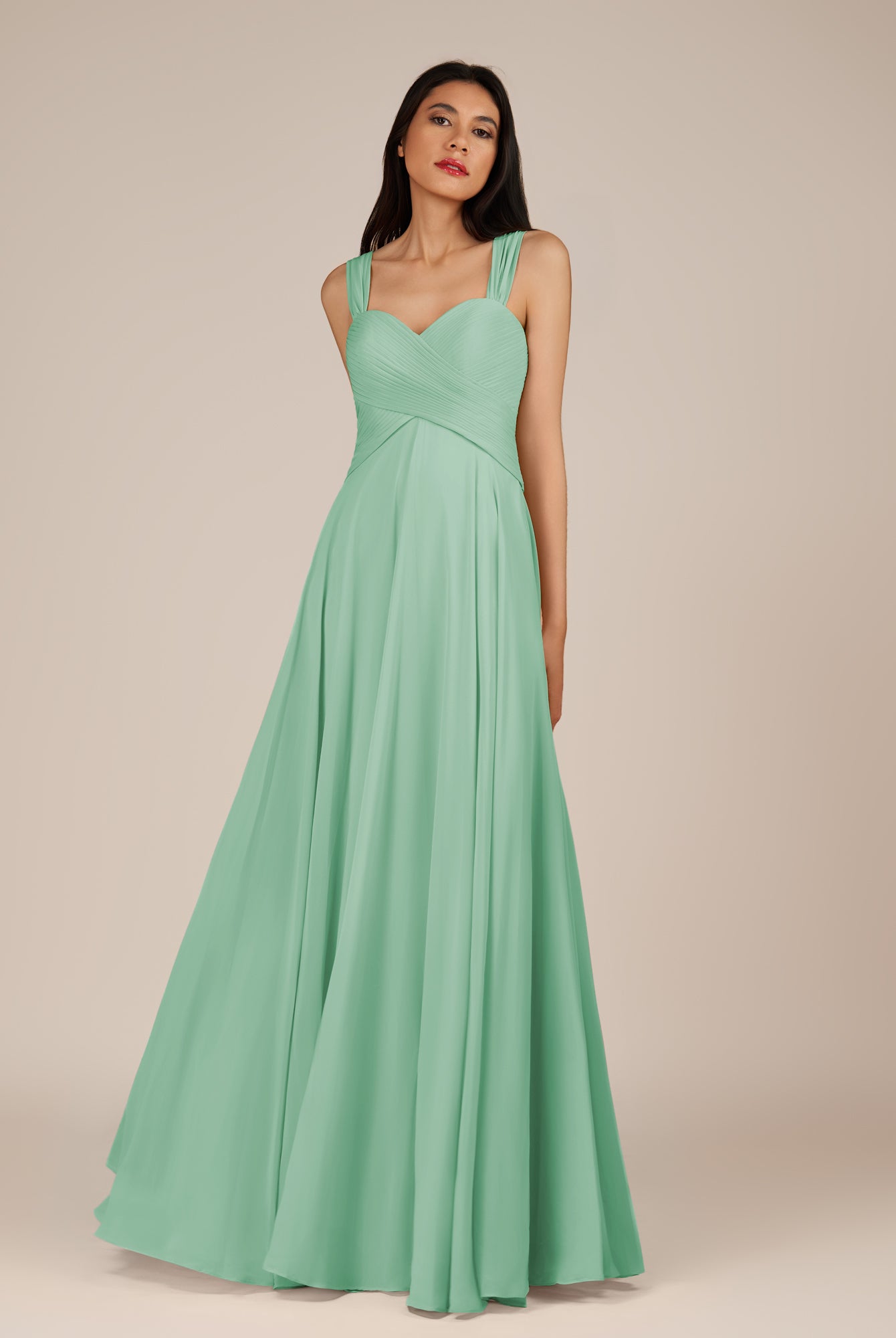KissDress-Cerelia Pale Pistachio A Line V Neck Chiffon Long Bridesmaid Dress with Pleats