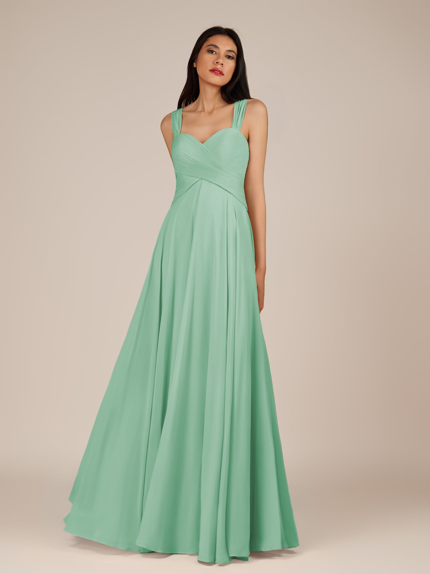KissDress-Cerelia Pale Pistachio A Line V Neck Chiffon Long Bridesmaid Dress with Pleats