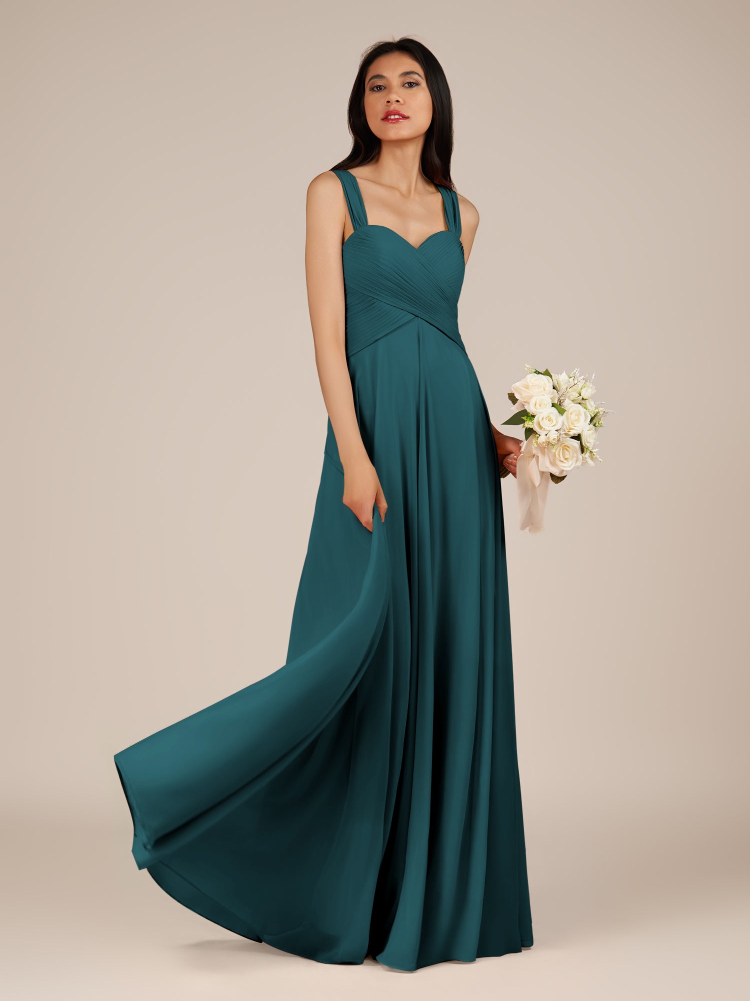 KissDress-Cerelia Pine A Line V Neck Chiffon Long Bridesmaid Dress with Pleats