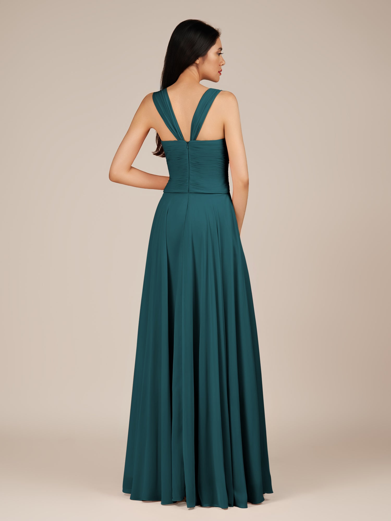 KissDress-Cerelia Pine A Line V Neck Chiffon Long Bridesmaid Dress with Pleats