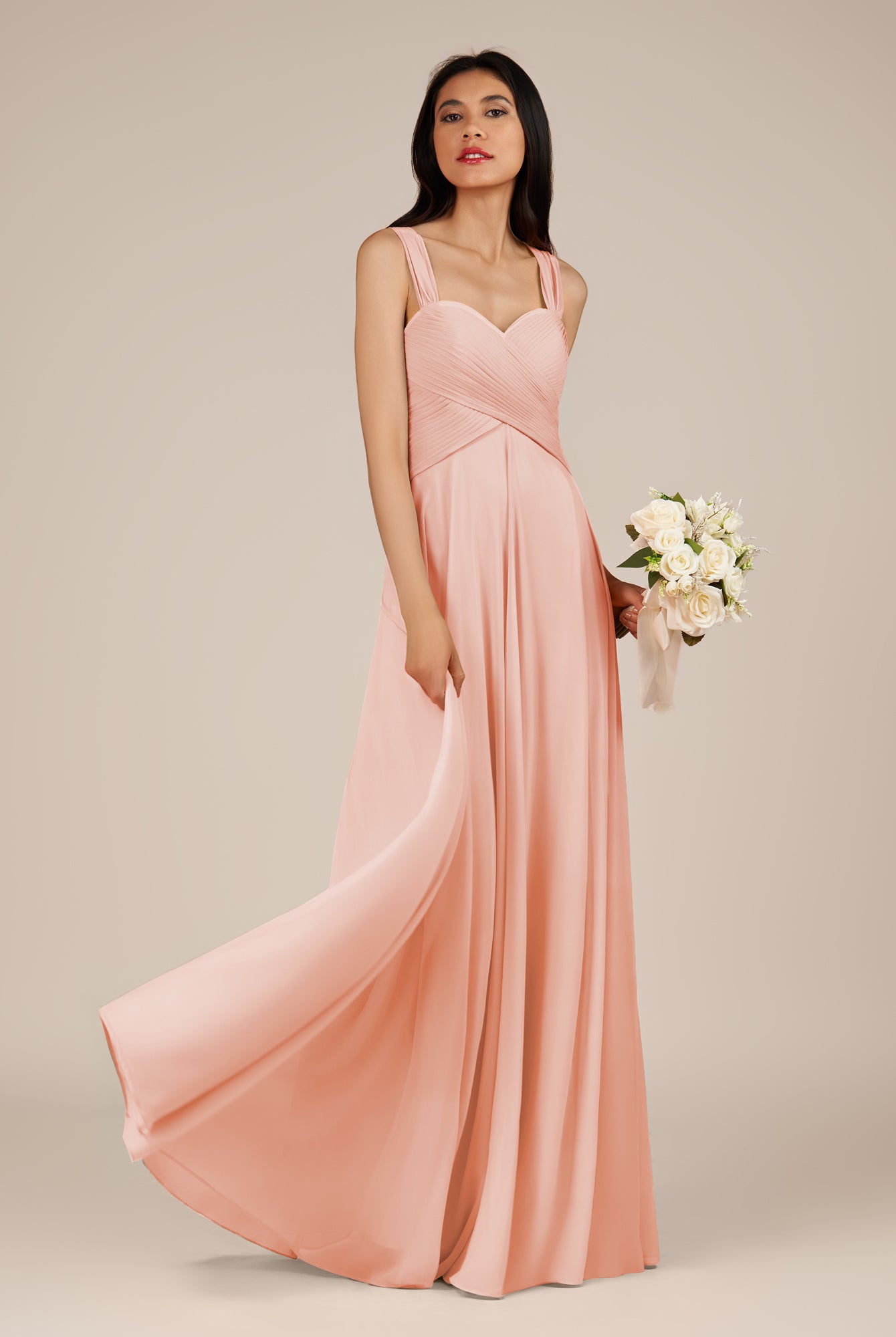 KissDress-Cerelia Rose Petal A Line V Neck Chiffon Long Bridesmaid Dress with Pleats