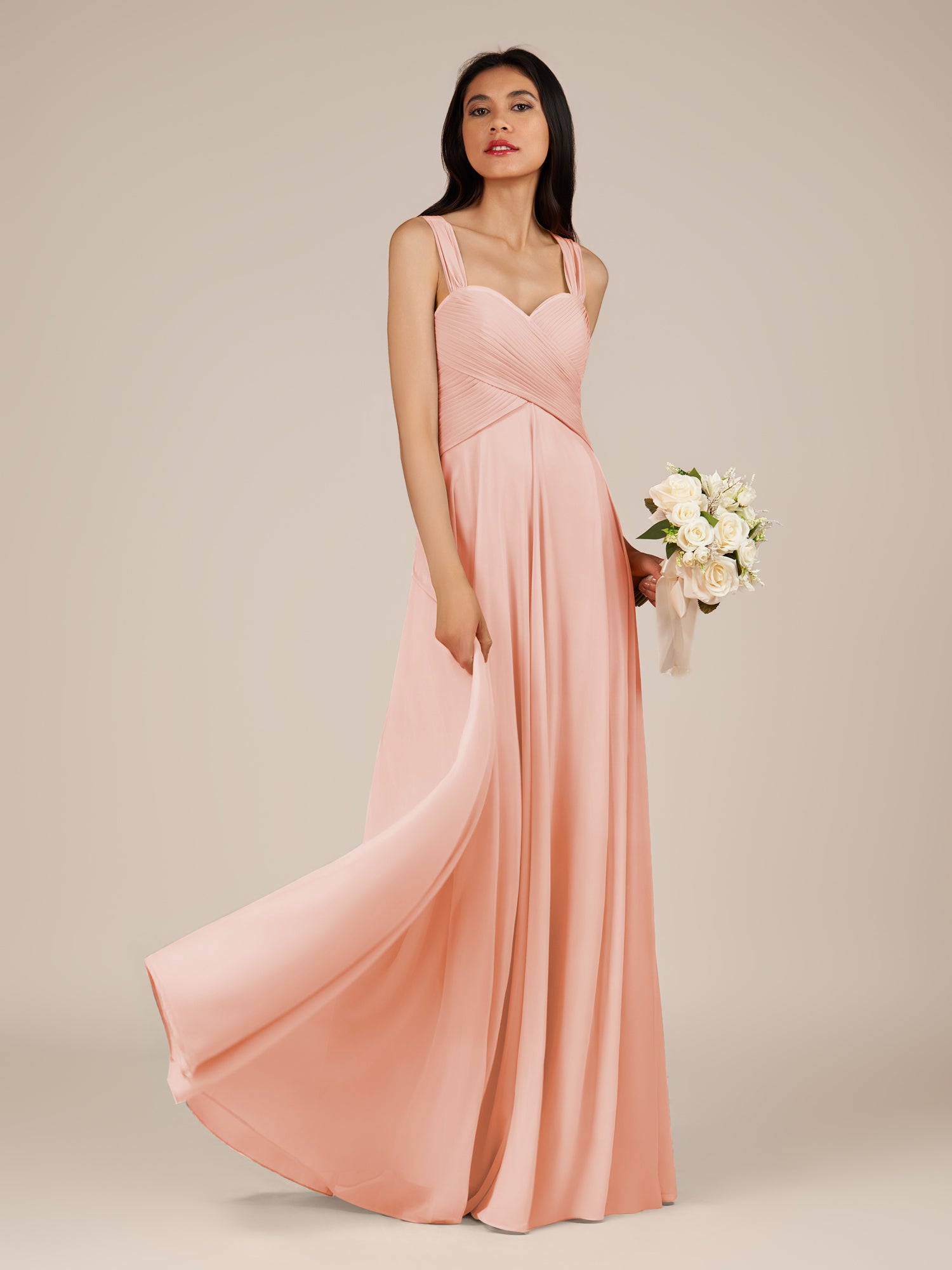 KissDress-Cerelia Rose Petal A Line V Neck Chiffon Long Bridesmaid Dress with Pleats