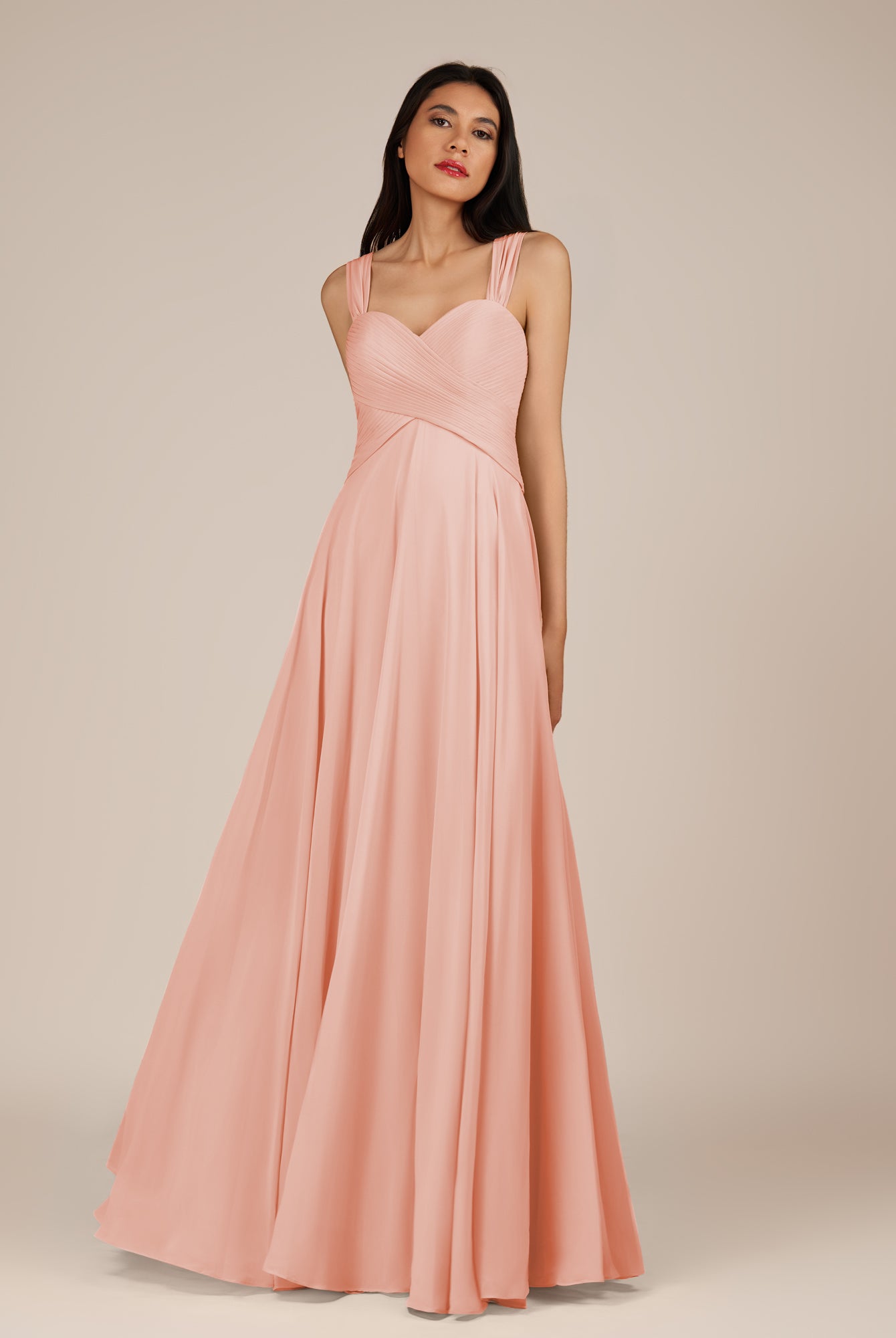 KissDress-Cerelia Rose Petal A Line V Neck Chiffon Long Bridesmaid Dress with Pleats
