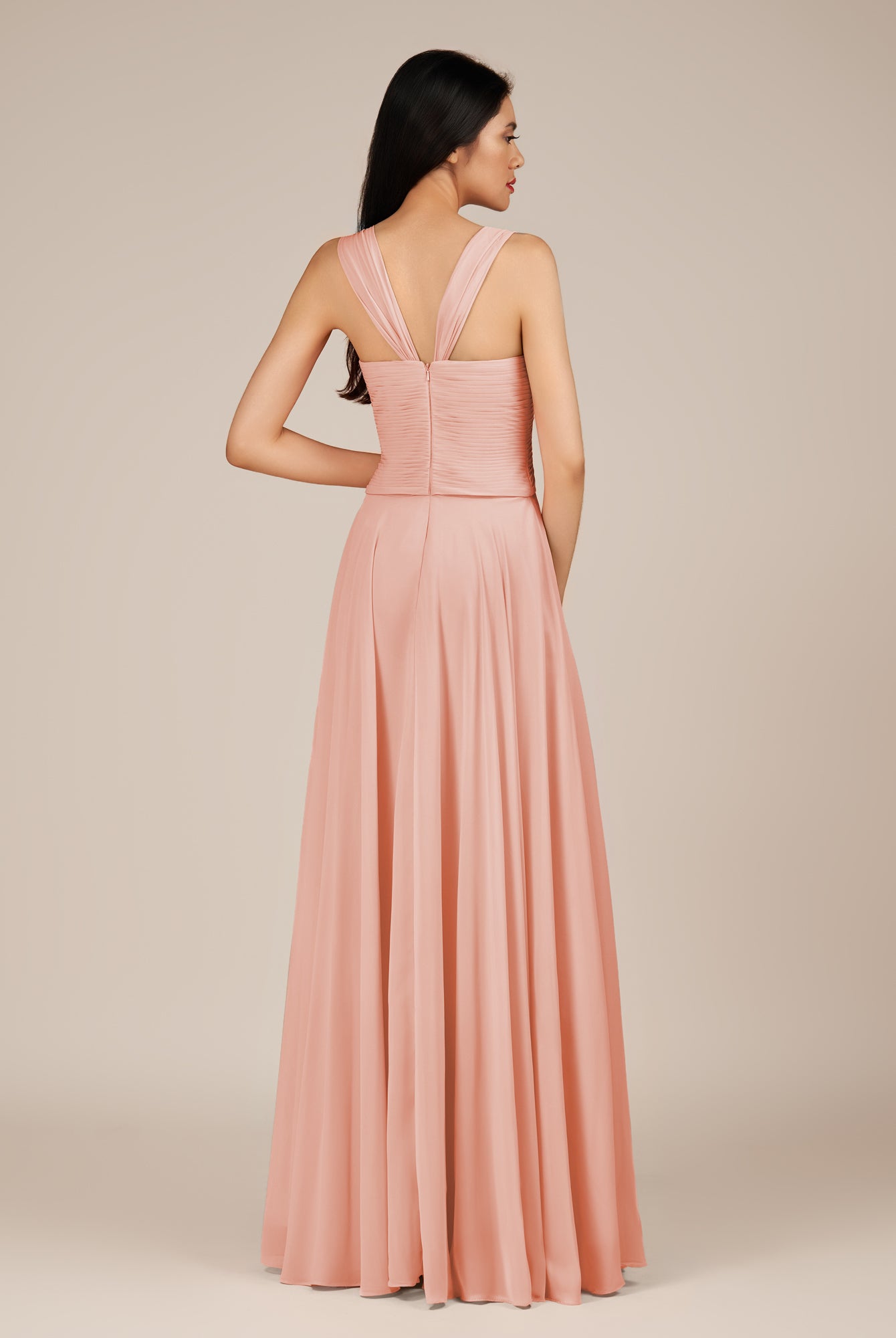 KissDress-Cerelia Rose Petal A Line V Neck Chiffon Long Bridesmaid Dress with Pleats