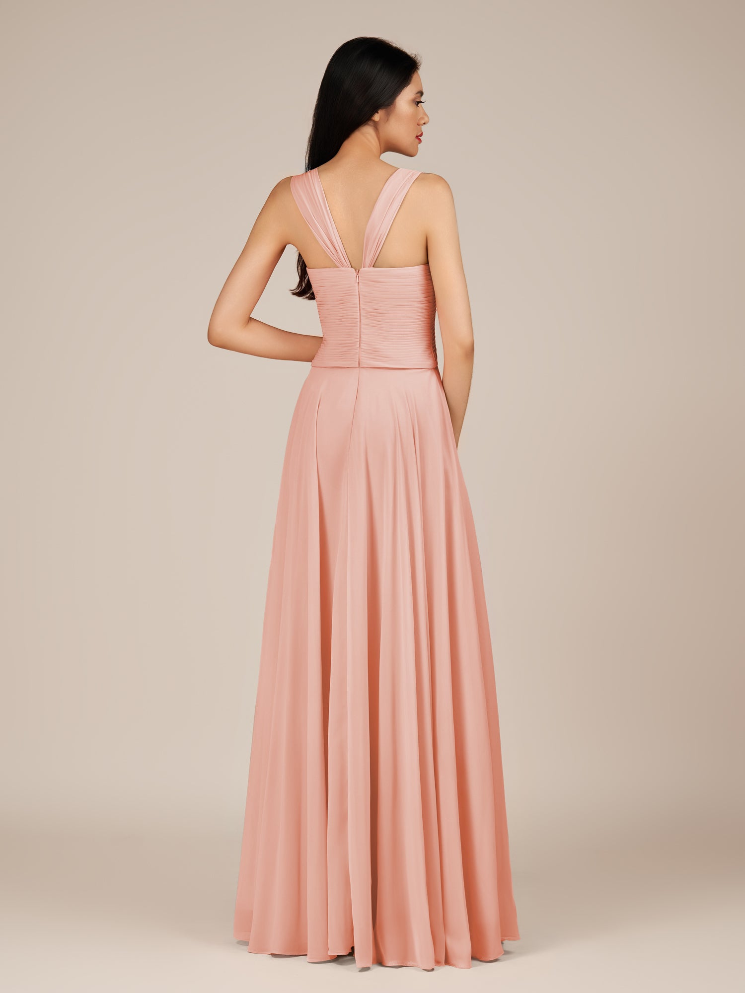 KissDress-Cerelia Rose Petal A Line V Neck Chiffon Long Bridesmaid Dress with Pleats