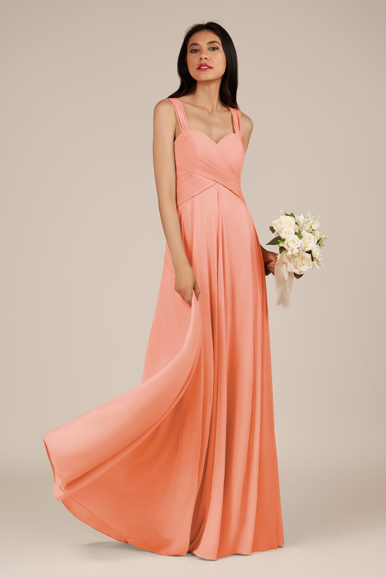 KissDress-Cerelia Rosette A Line V Neck Chiffon Long Bridesmaid Dress with Pleats