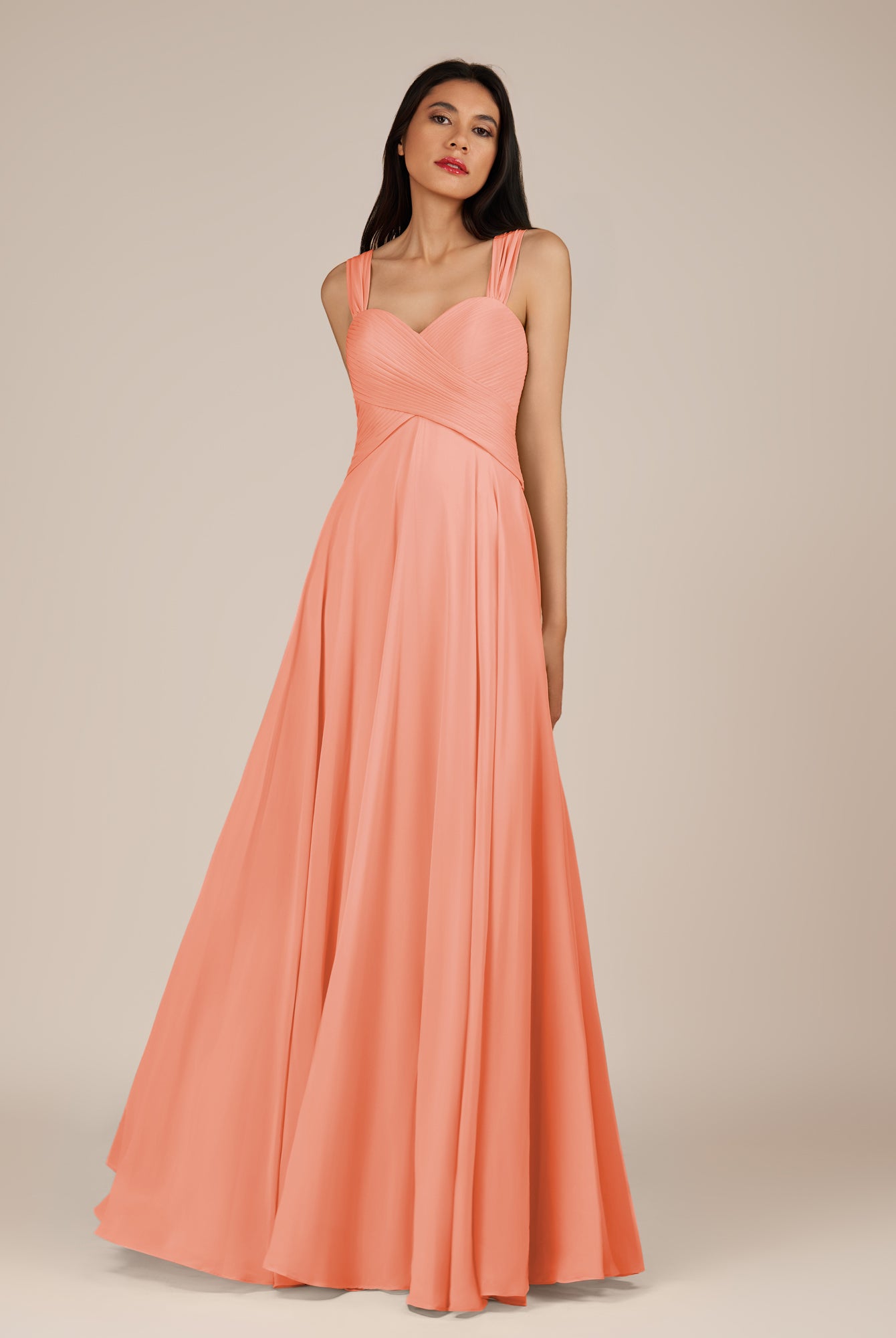 KissDress-Cerelia Rosette A Line V Neck Chiffon Long Bridesmaid Dress with Pleats