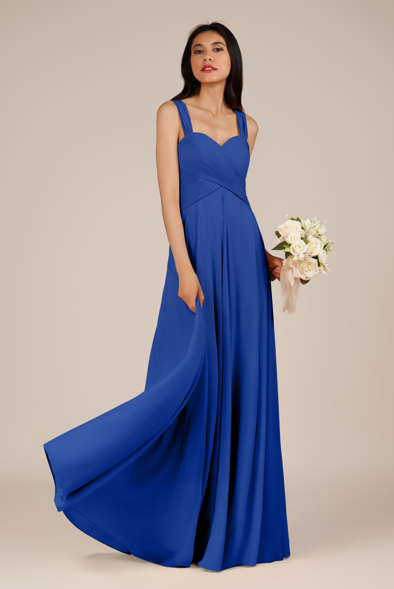 KissDress-Cerelia Royal Blue A Line V Neck Chiffon Long Bridesmaid Dress with Pleats
