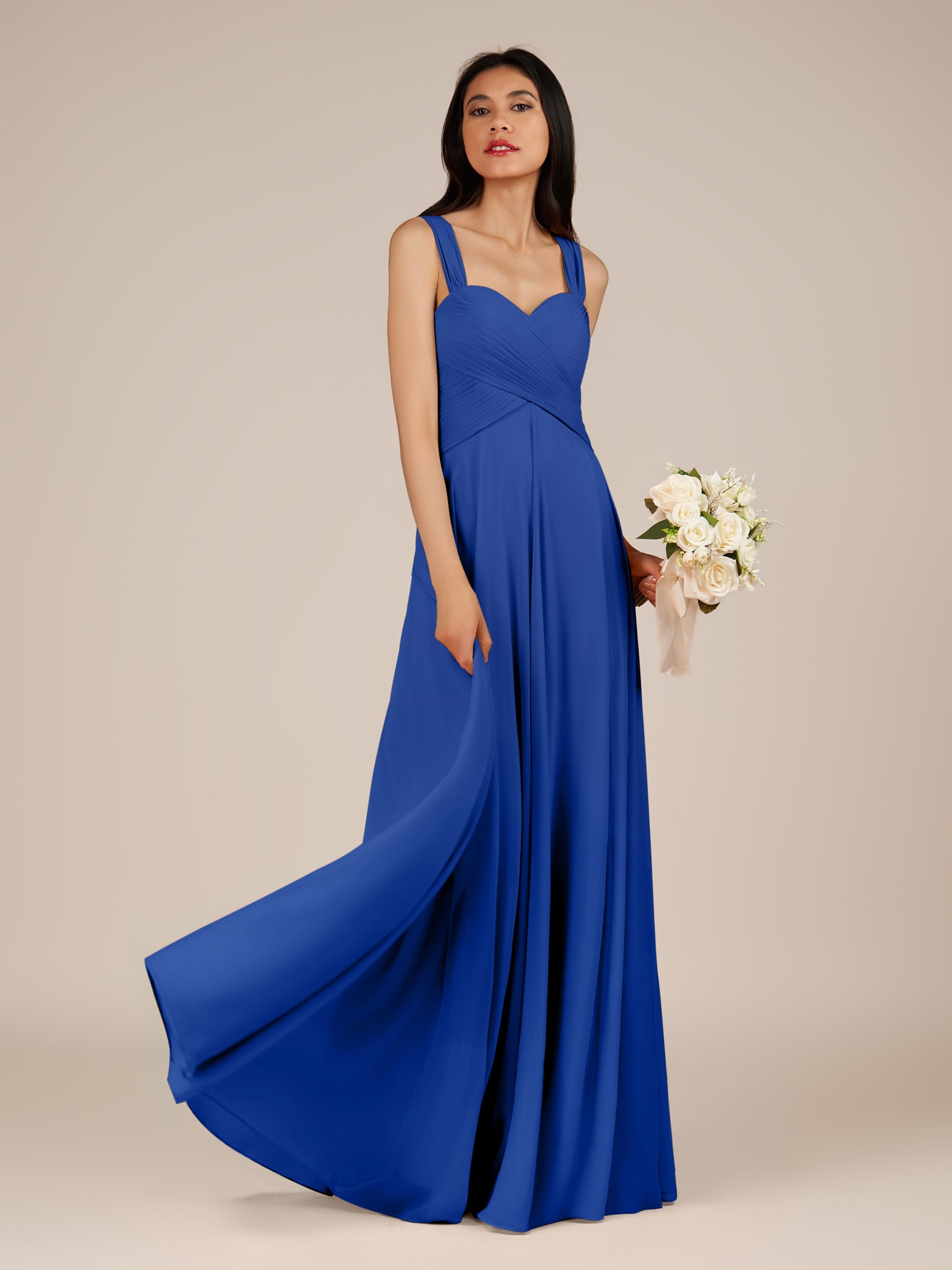 KissDress-Cerelia Royal Blue A Line V Neck Chiffon Long Bridesmaid Dress with Pleats