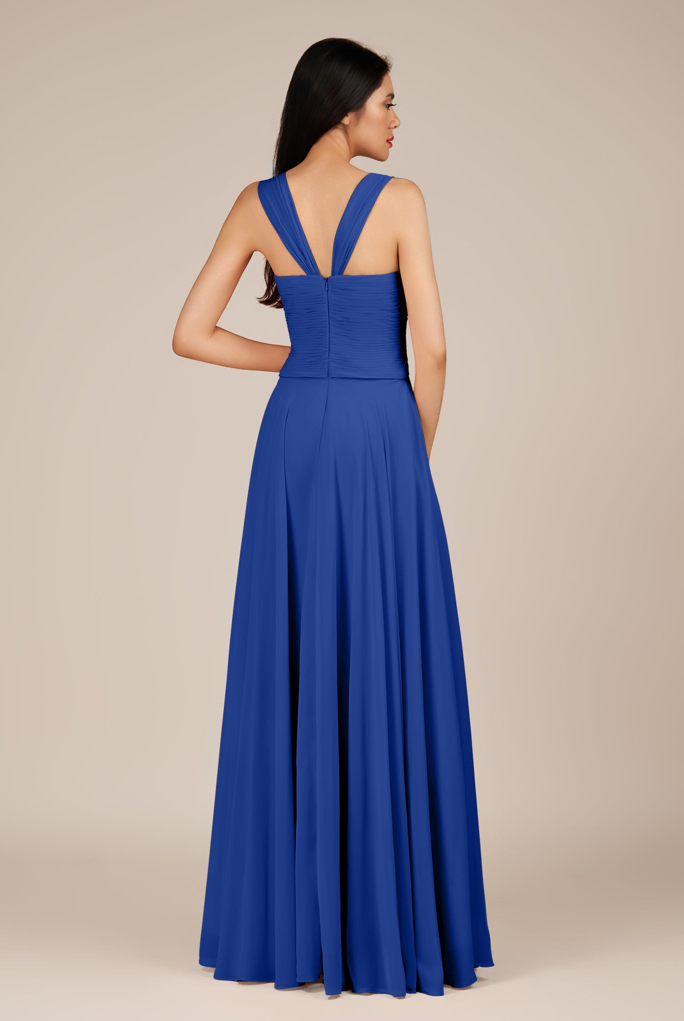 KissDress-Cerelia Royal Blue A Line V Neck Chiffon Long Bridesmaid Dress with Pleats