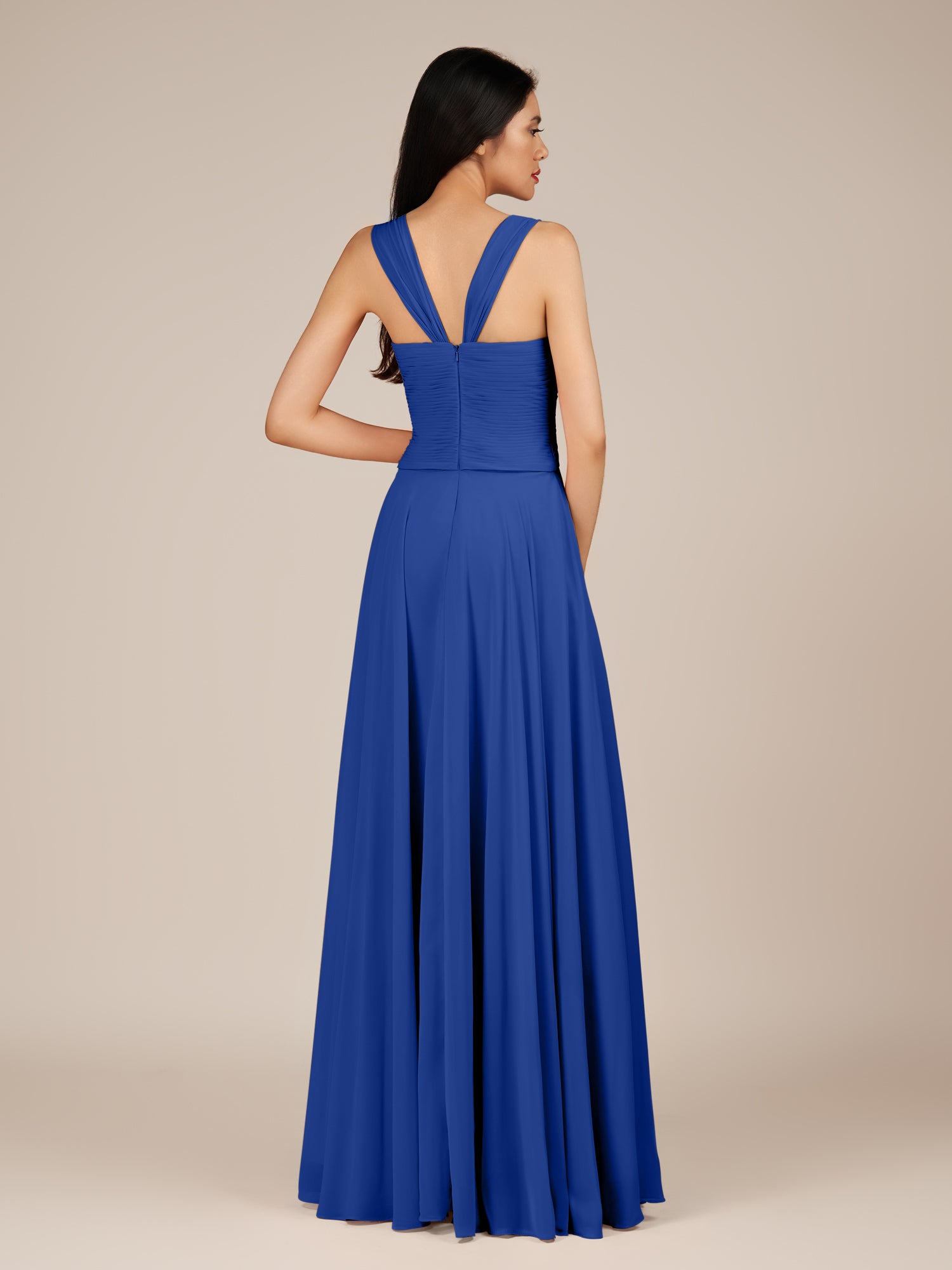 KissDress-Cerelia Royal Blue A Line V Neck Chiffon Long Bridesmaid Dress with Pleats