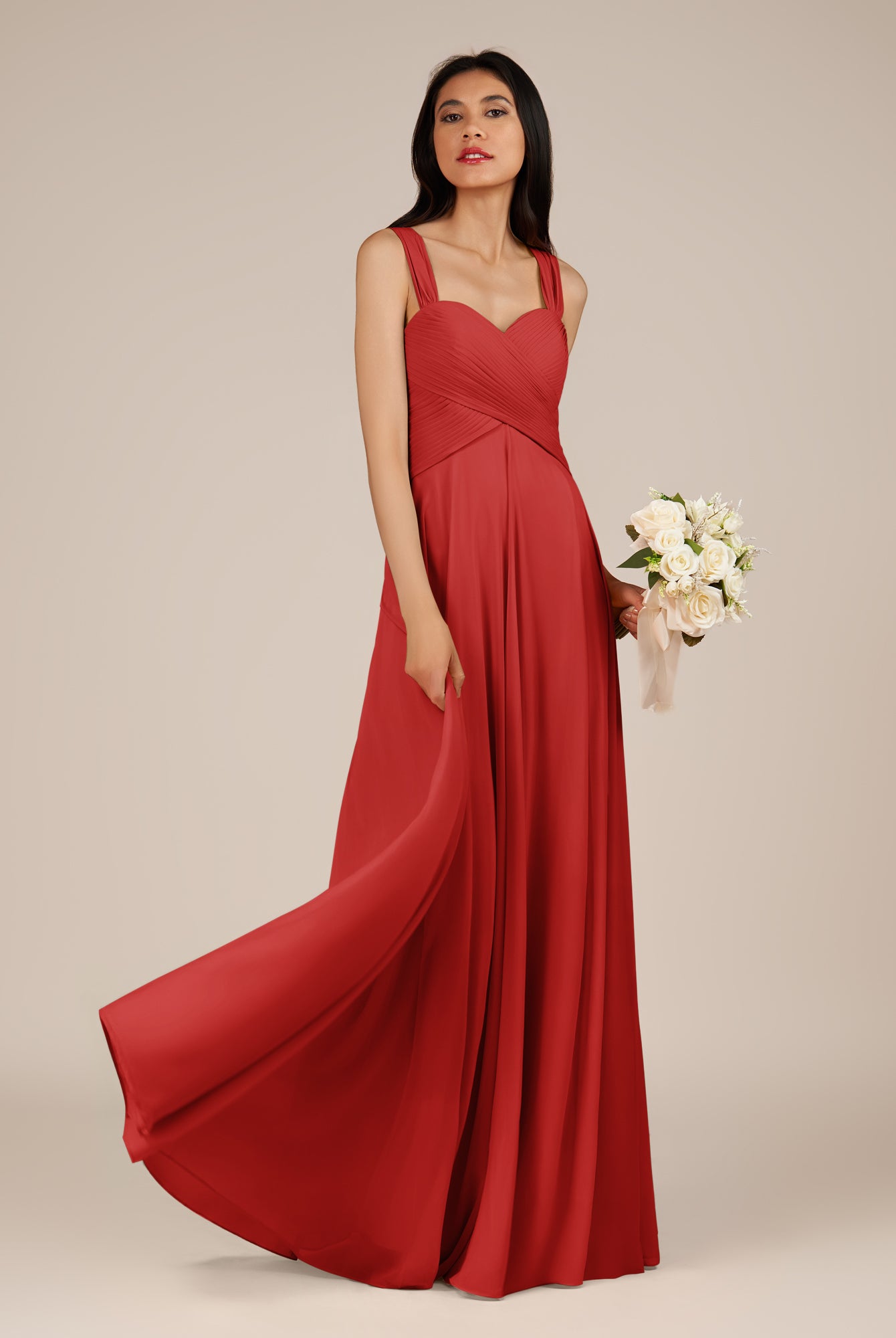 KissDress-Cerelia Ruby Red A Line V Neck Chiffon Long Bridesmaid Dress with Pleats
