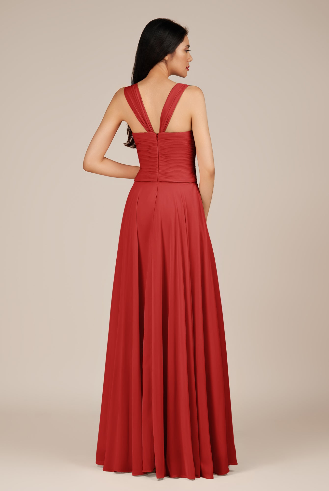 KissDress-Cerelia Ruby Red A Line V Neck Chiffon Long Bridesmaid Dress with Pleats