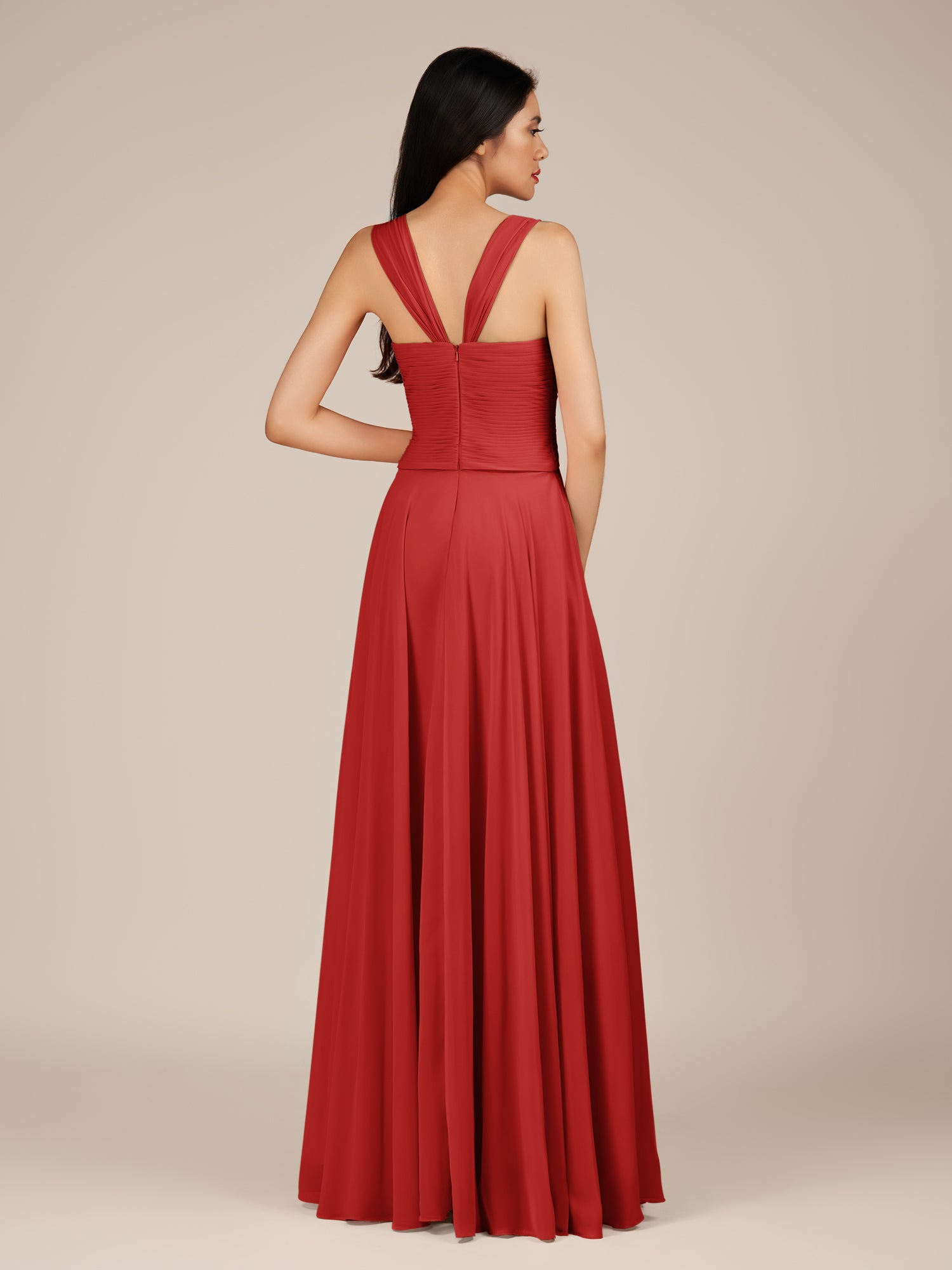 KissDress-Cerelia Ruby Red A Line V Neck Chiffon Long Bridesmaid Dress with Pleats