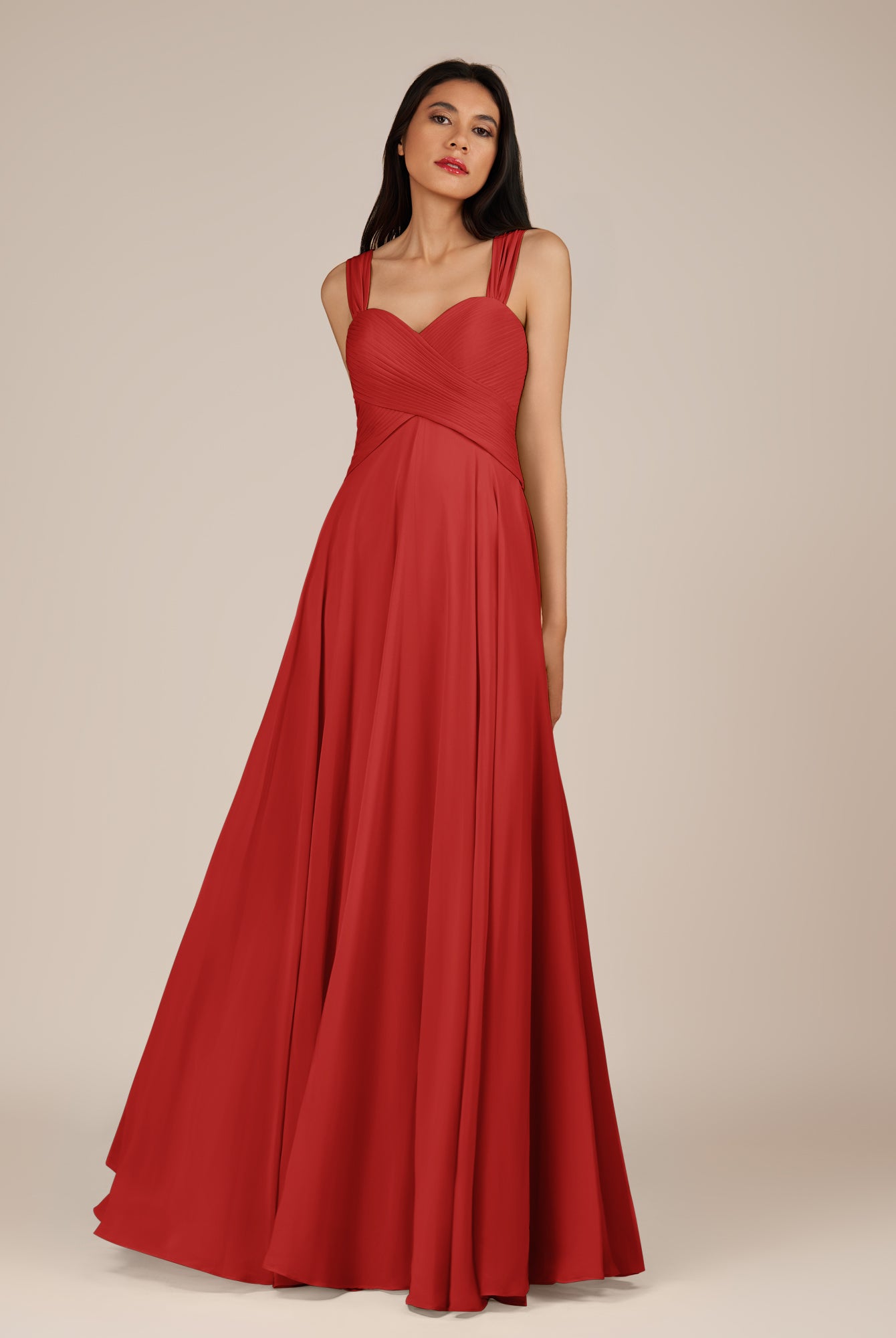 KissDress-Cerelia Ruby Red A Line V Neck Chiffon Long Bridesmaid Dress with Pleats