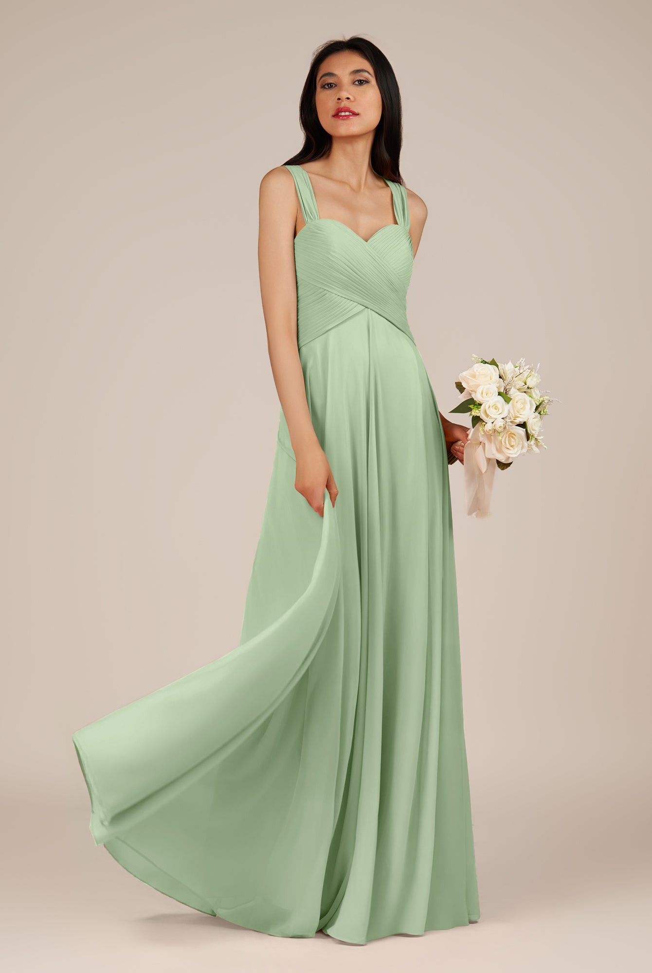 KissDress-Cerelia Sage A Line V Neck Chiffon Long Bridesmaid Dress with Pleats