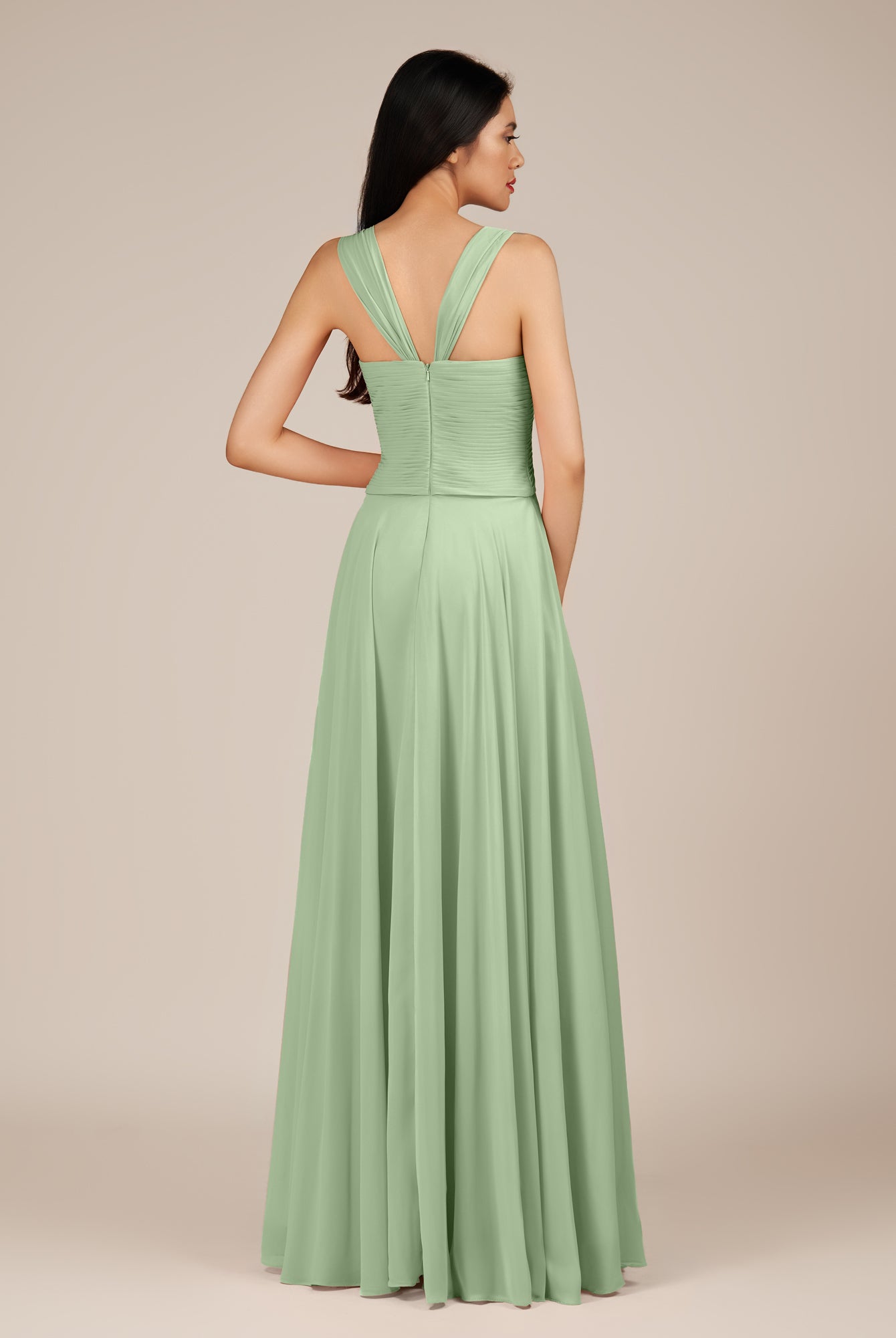 KissDress-Cerelia Sage A Line V Neck Chiffon Long Bridesmaid Dress with Pleats