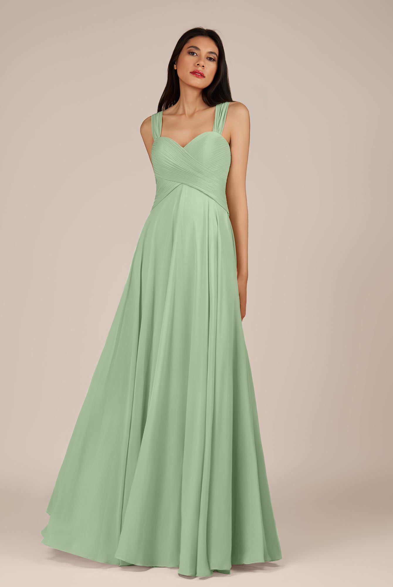 KissDress-Cerelia Sage A Line V Neck Chiffon Long Bridesmaid Dress with Pleats