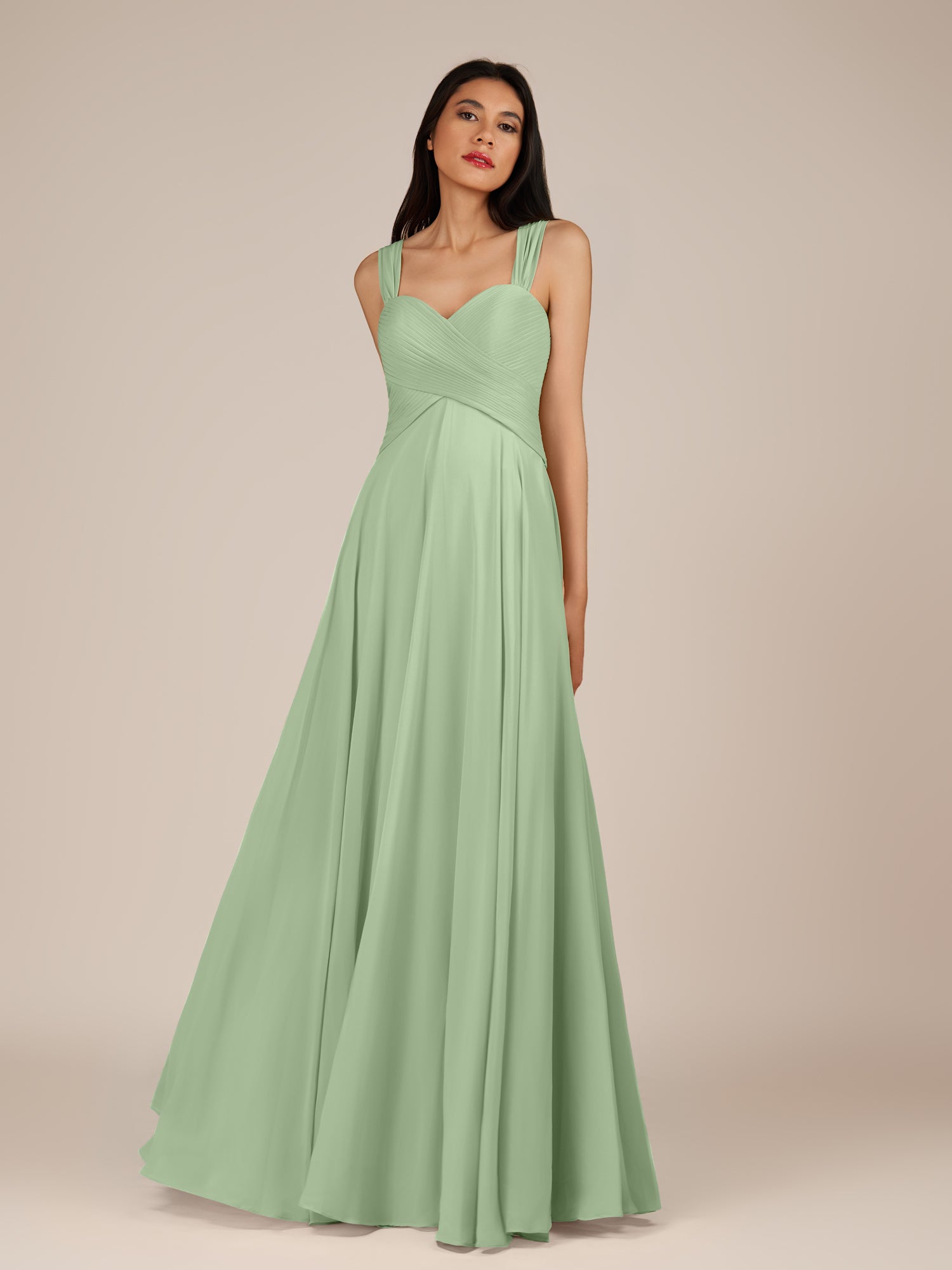 KissDress-Cerelia Sage A Line V Neck Chiffon Long Bridesmaid Dress with Pleats