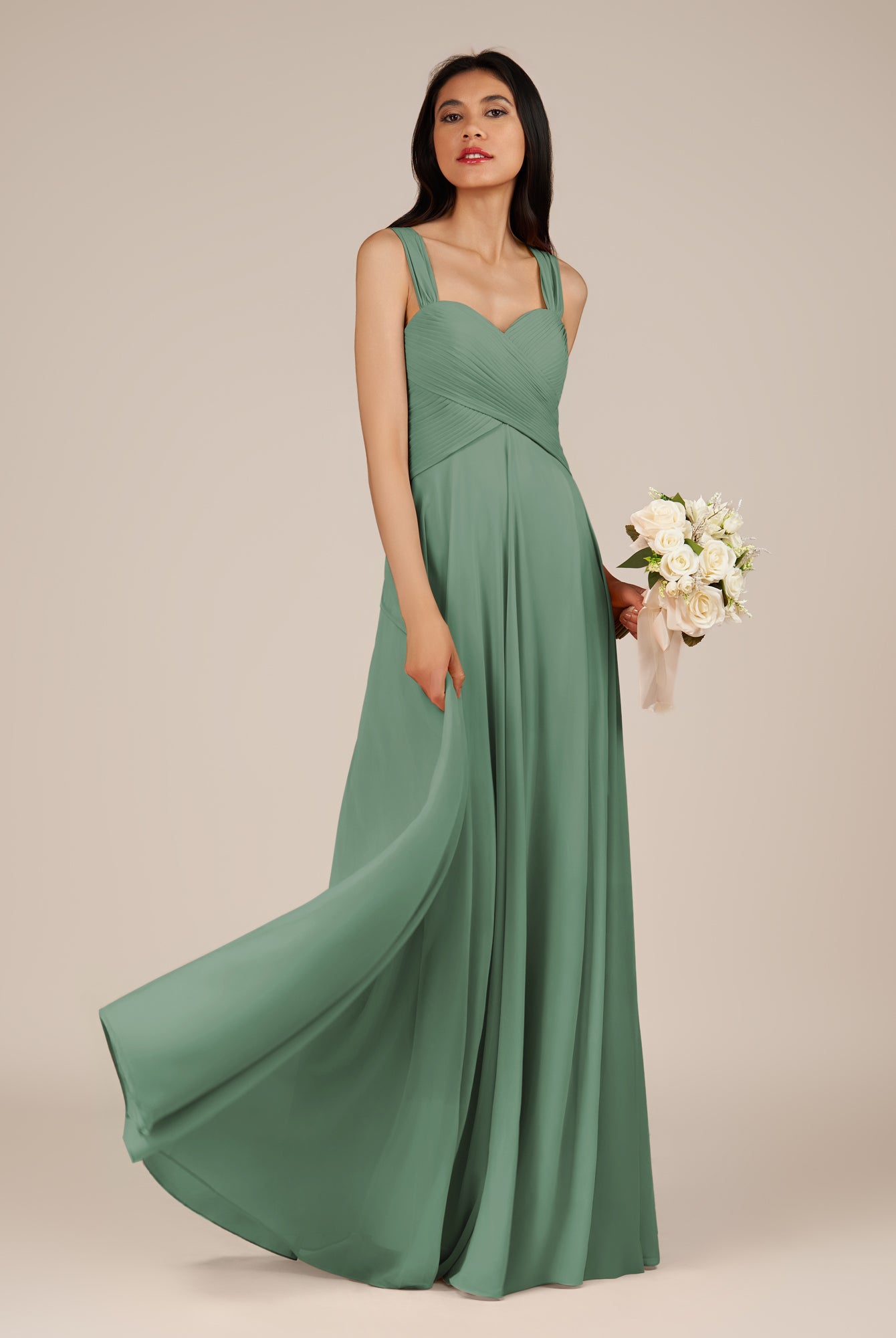 KissDress-Cerelia Sea Glass A Line V Neck Chiffon Long Bridesmaid Dress with Pleats