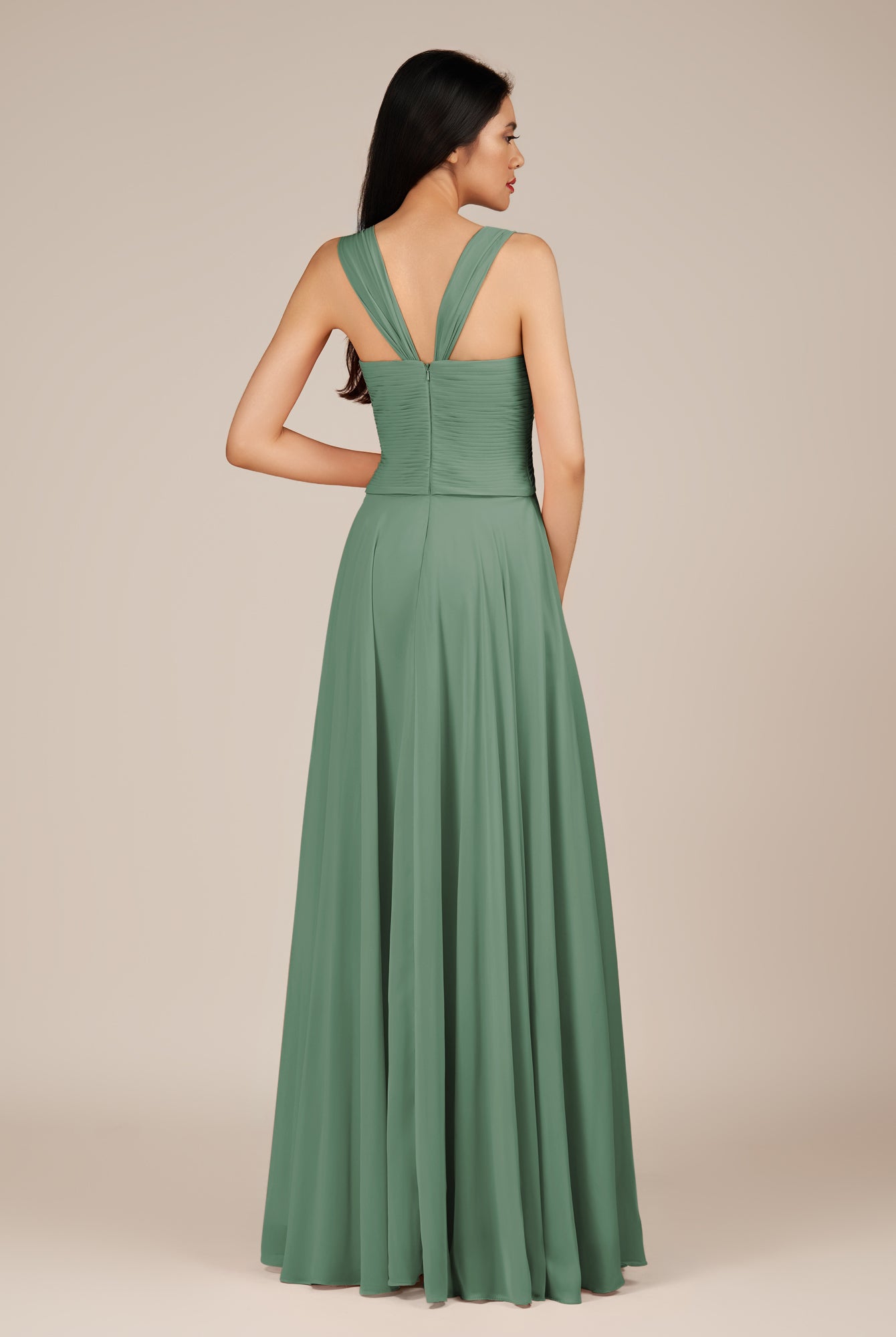KissDress-Cerelia Sea Glass A Line V Neck Chiffon Long Bridesmaid Dress with Pleats