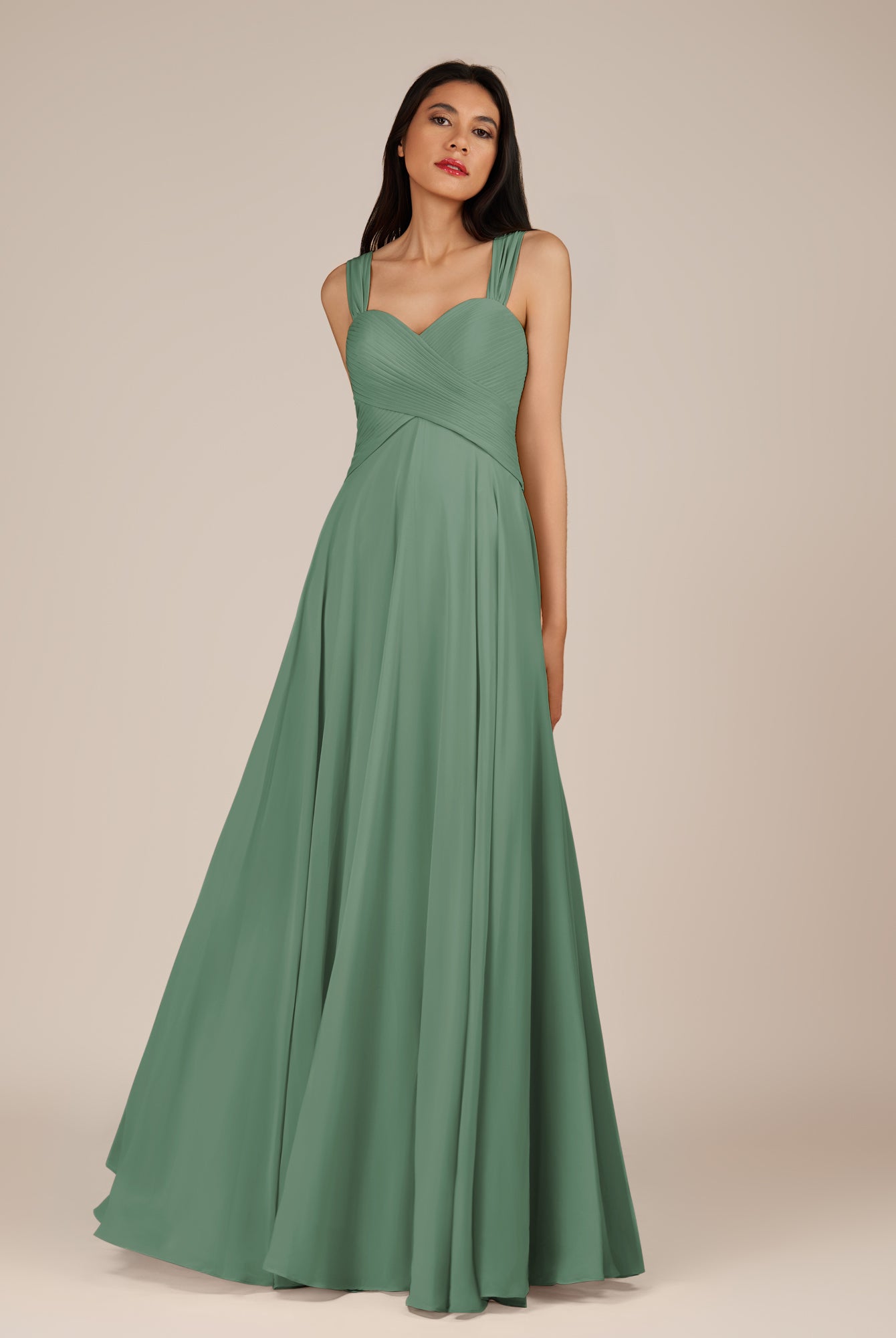 KissDress-Cerelia Sea Glass A Line V Neck Chiffon Long Bridesmaid Dress with Pleats