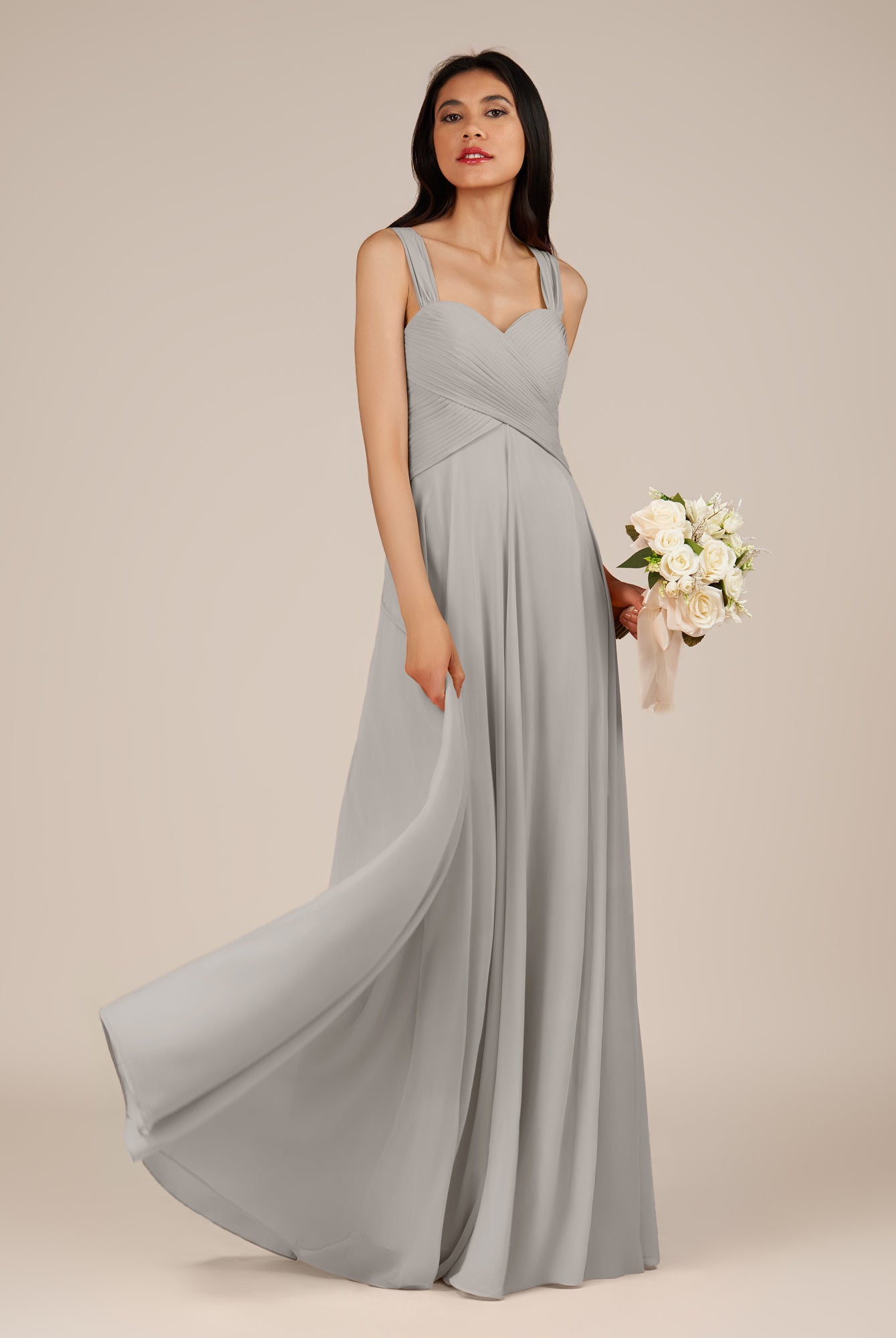 KissDress-Cerelia Silver A Line V Neck Chiffon Long Bridesmaid Dress with Pleats